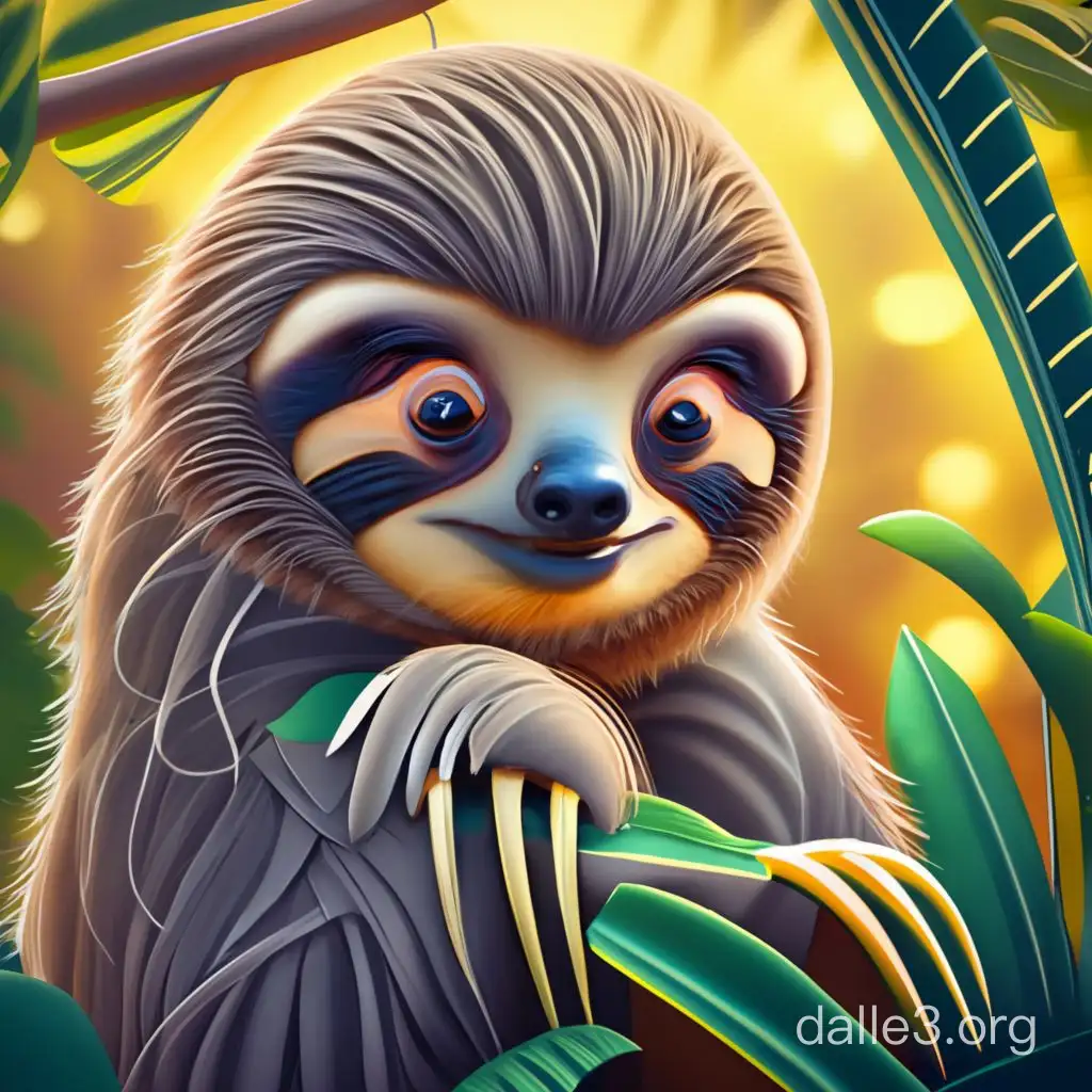 Draw a sloth in the jungle. Cartoon style 3D. The background should be in yellow tones. Realistic. The sun.