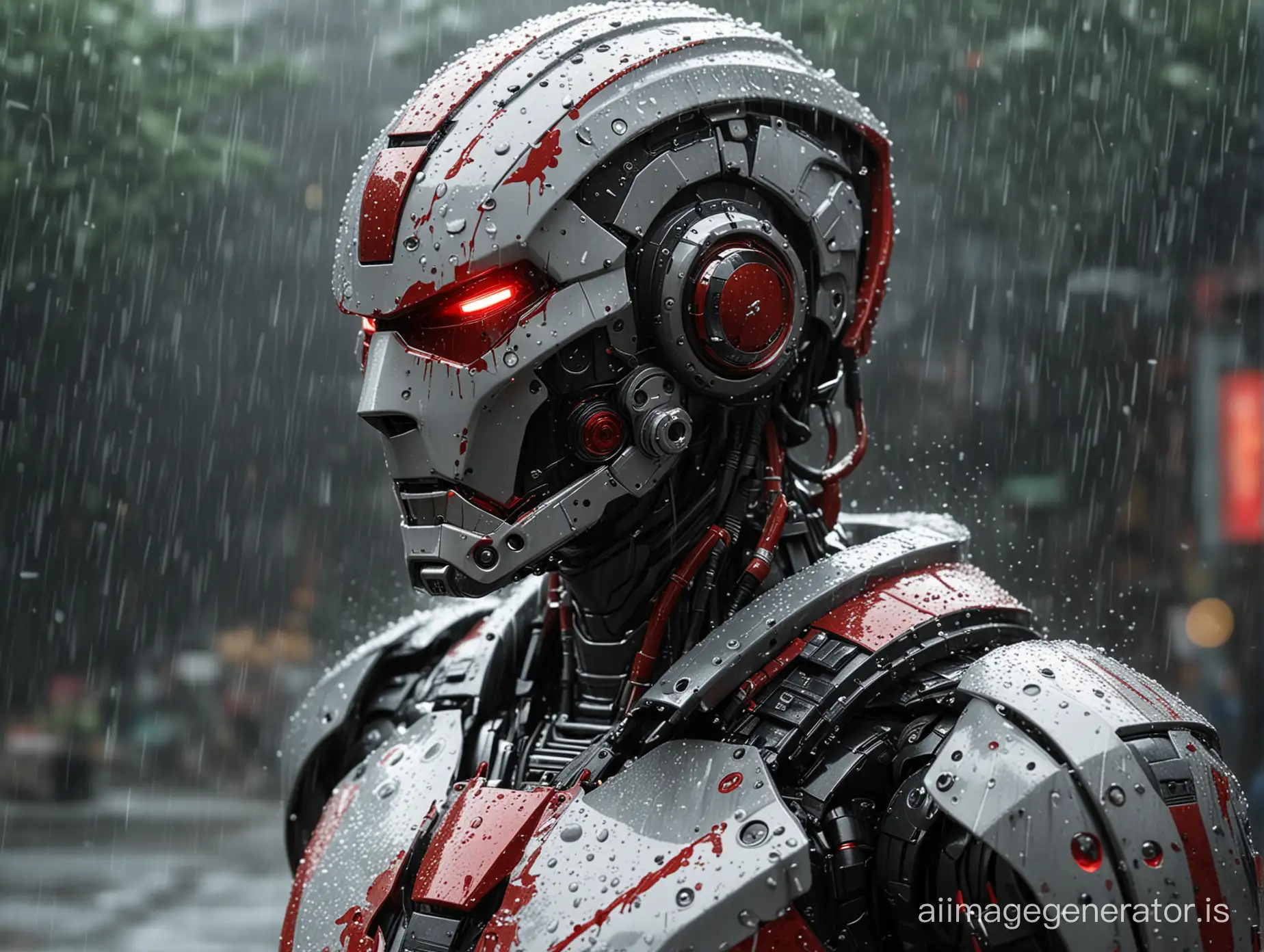  the photo shows a close-up of a humanoid robot or person in an advanced suit of armor. The design is sleek and modern, with red and white accents on a mostly black and gray base. It appears to be raining, as water droplets can be seen on the surface of the armor, the subject is either a robot or a person in a futuristic suit of armor, characterized by its sleek shape and intricate details, the helmet has red, viewfinder-like eyes, giving it an intense and focused look, water droplets can be seen on the surface, indicating that it is raining, in the background, blurred lights suggest an urban environment at night, the armor is highly detailed, with lines and patterns that suggest advanced technology, --v 6 --ar 9:16 