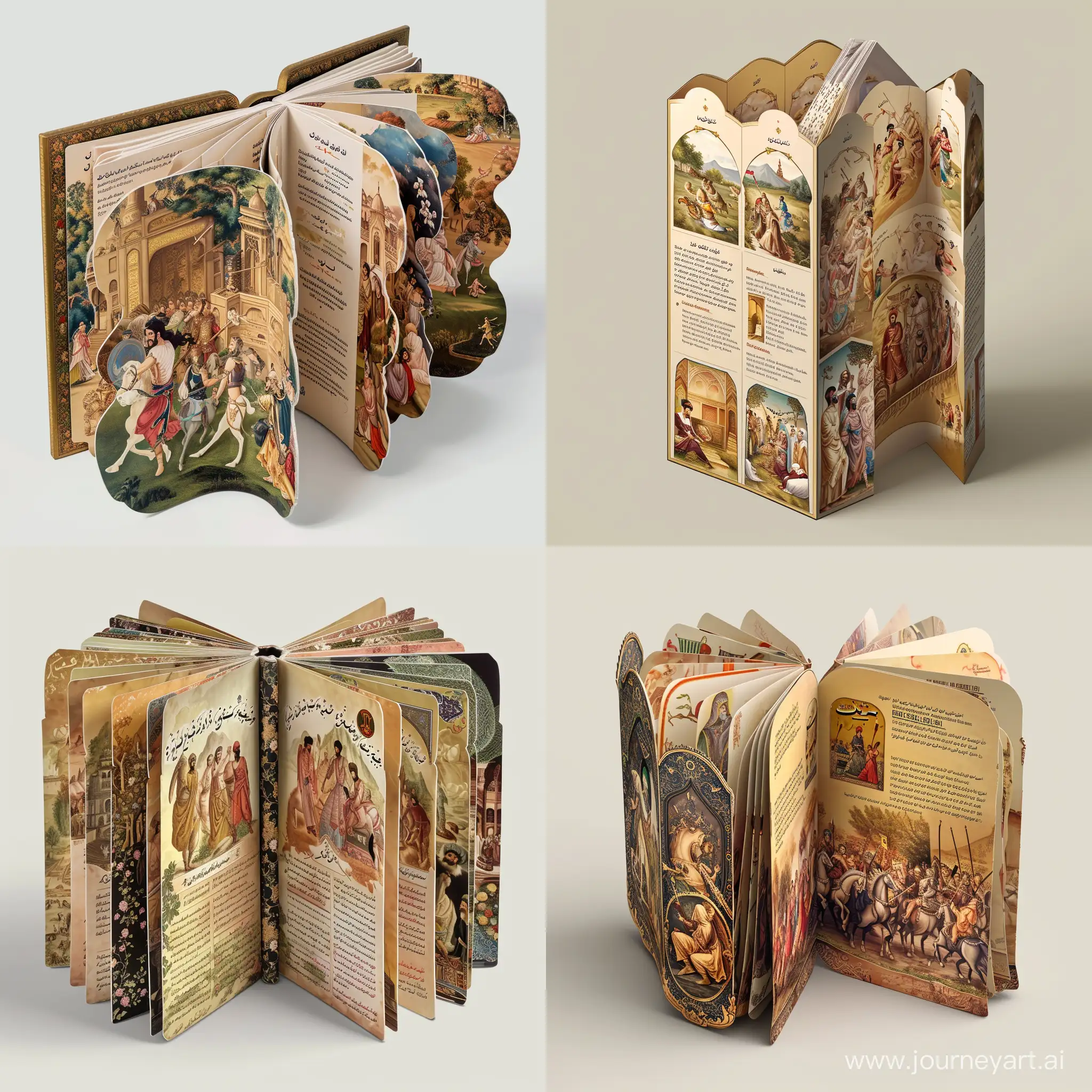 Imagine a book-shaped sustainable packaging with a cover that features a scene from Ferdowsi’s Shahnameh for traiditional persian ice cream, such as the battle of Rostam and Sohrab, or the love story of Khosrow and Shirin, in realistic and detailed style, with a title and a logo that relate to the product name and the brand identity. The inside of the packaging has pages that contain information about the product, the ingredients, the history and culture of Iran, and the story depicted on the cover, in elegant and readable fonts. The packaging has a QR code that leads to an interactive website or app that allows the customers to read more stories from the Shahnameh, play games, or watch videos related to the product and the culture..realistic style