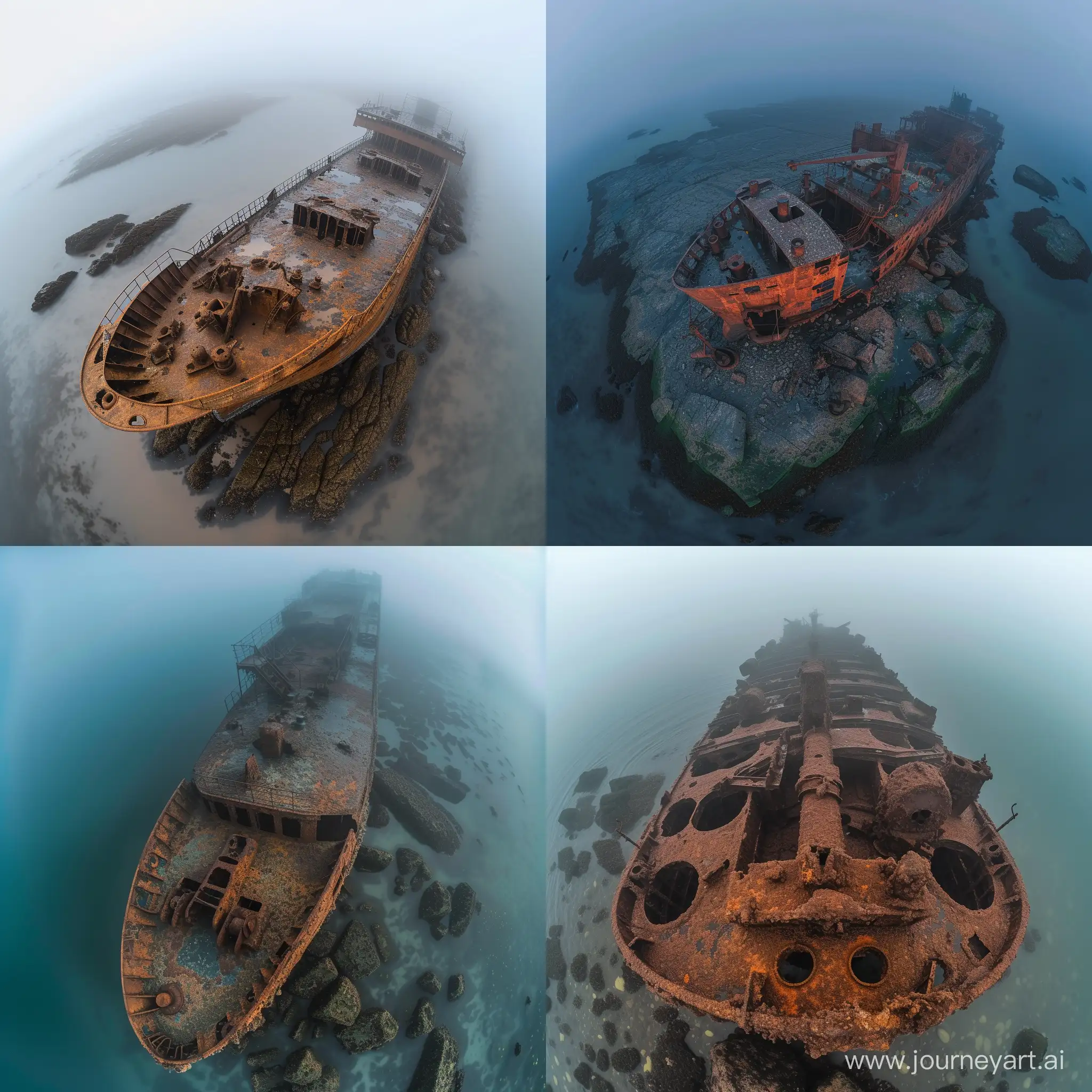 Eerie-Dawn-Aerial-View-of-Rusty-Shipwreck-on-Gneiss-Boulders-Amidst-Foggy-Ocean
