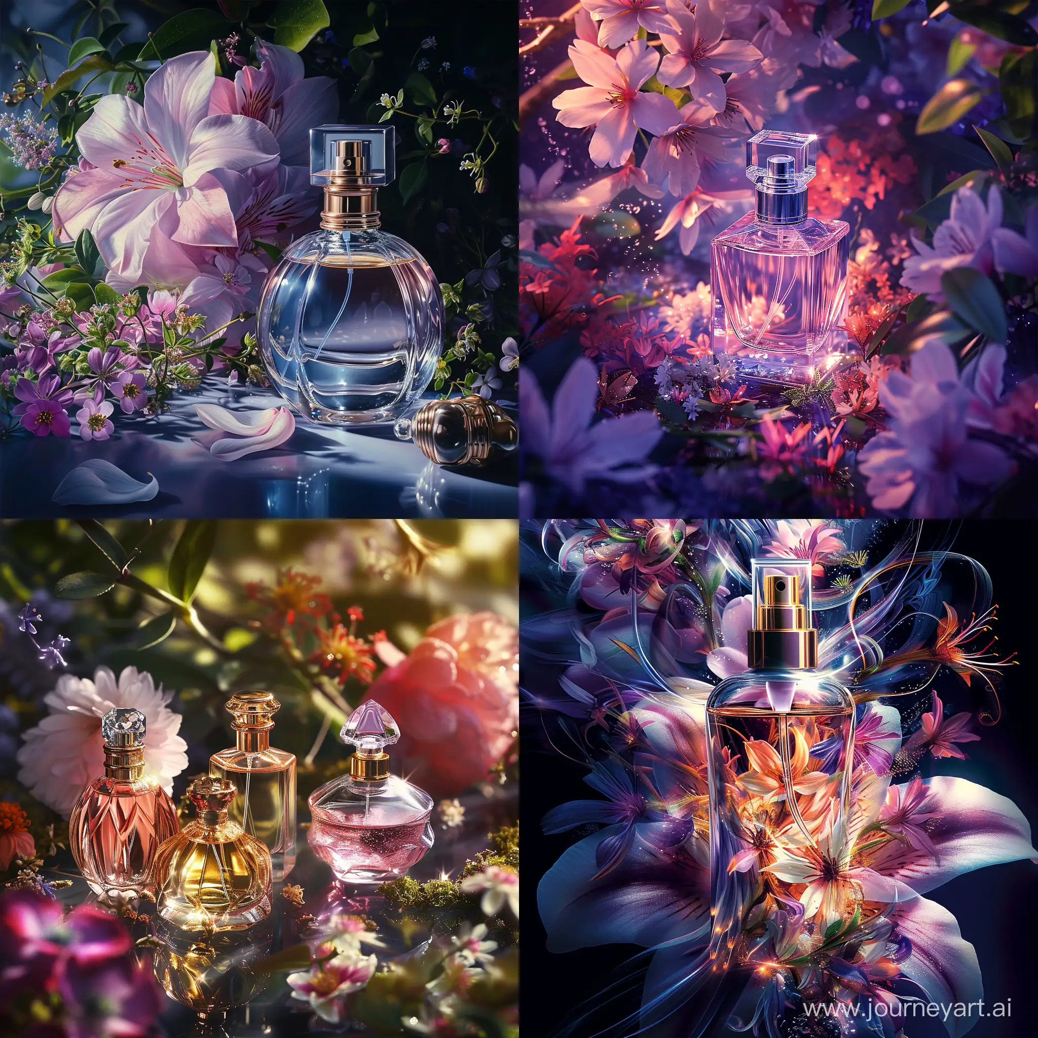 fine lines and shadows, the perfumes sparkle with a touch of magic and mystery, reflecting the beauty of the floral symphony that surrounds them, with the clarity and detail of 8K Ultra HD images, every petal, every shade of otherworldly charm comes to life in vivid brilliance, by yukisakura, amazing full color