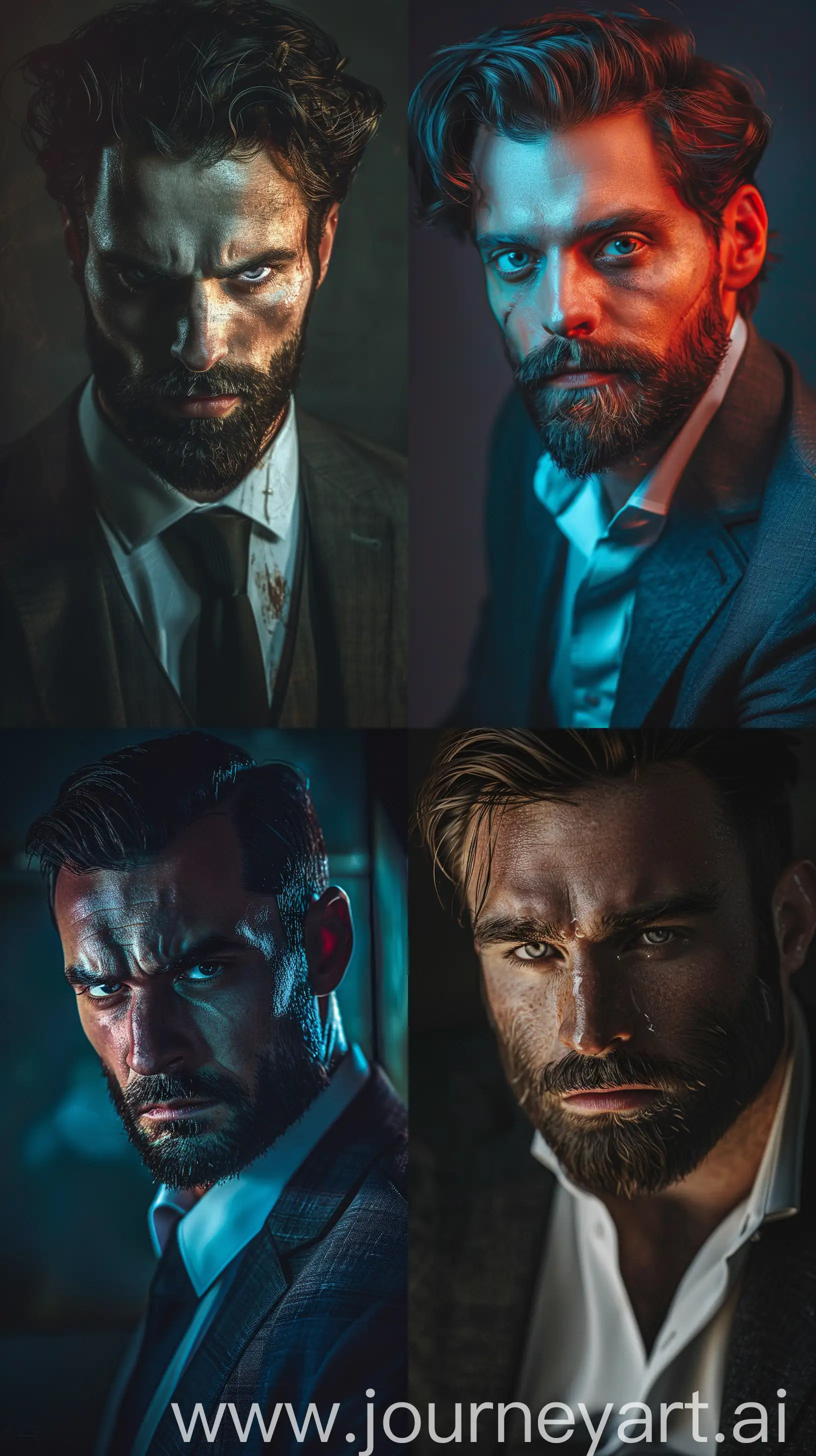 Movie Poster Photography: A Men Wearing Modern Formal Outfit, Medium Hair and Beard, Looking to the Camera, Realistic Light Reflections & Shadow, Creepy Theme, Cinematic Pose, Medium Shot, Affinity Designer Software, High Precision, --ar 9:16
