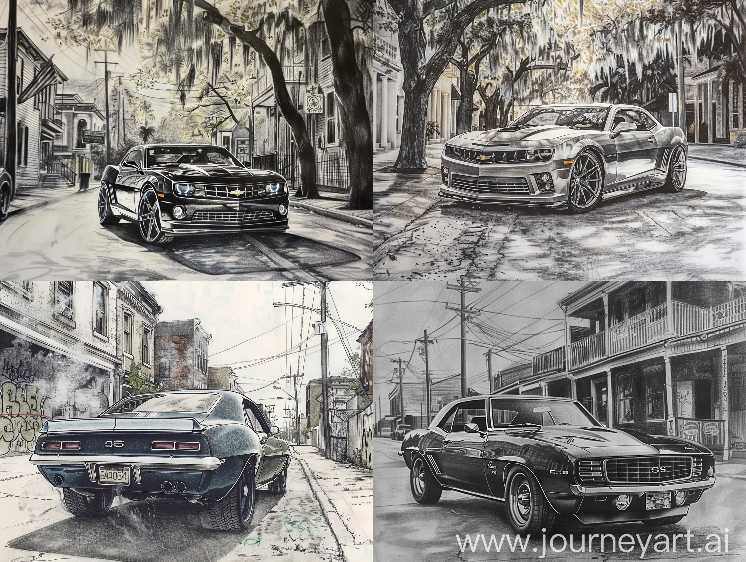 A drawing of a Camaro in the morning down the street, in the style of enigmatic tropics, dieselpunk, photographically detailed portraitures, luxurious wall hangings.