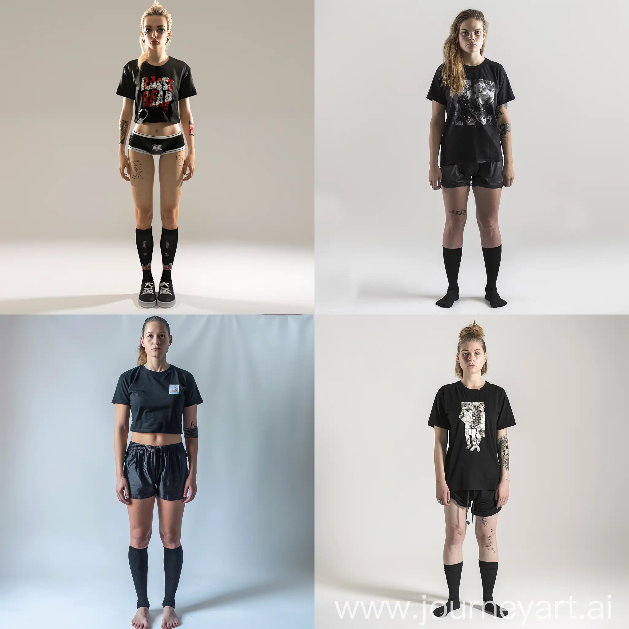 generate: realistic full body portrait of adult human. light skinned female. Punk, in boxers and a black T-shirt. Black socks/noshoes. on a white background. HD
