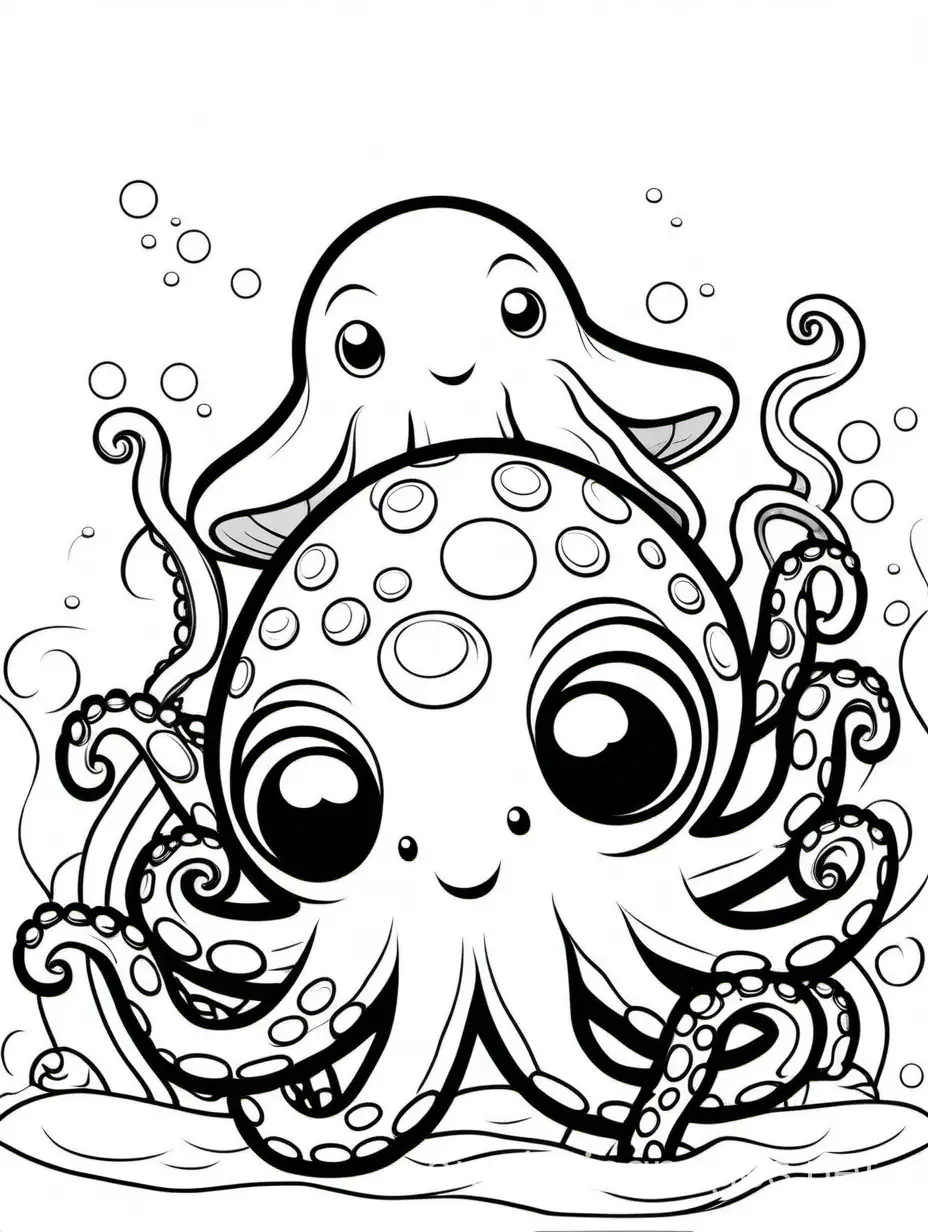 cute Octopus Hatchling  with his baby for kids easy for coloring, Coloring Page, black and white, line art, white background, Simplicity, Ample White Space. The background of the coloring page is plain white to make it easy for young children to color within the lines. The outlines of all the subjects are easy to distinguish, making it simple for kids to color without too much difficulty