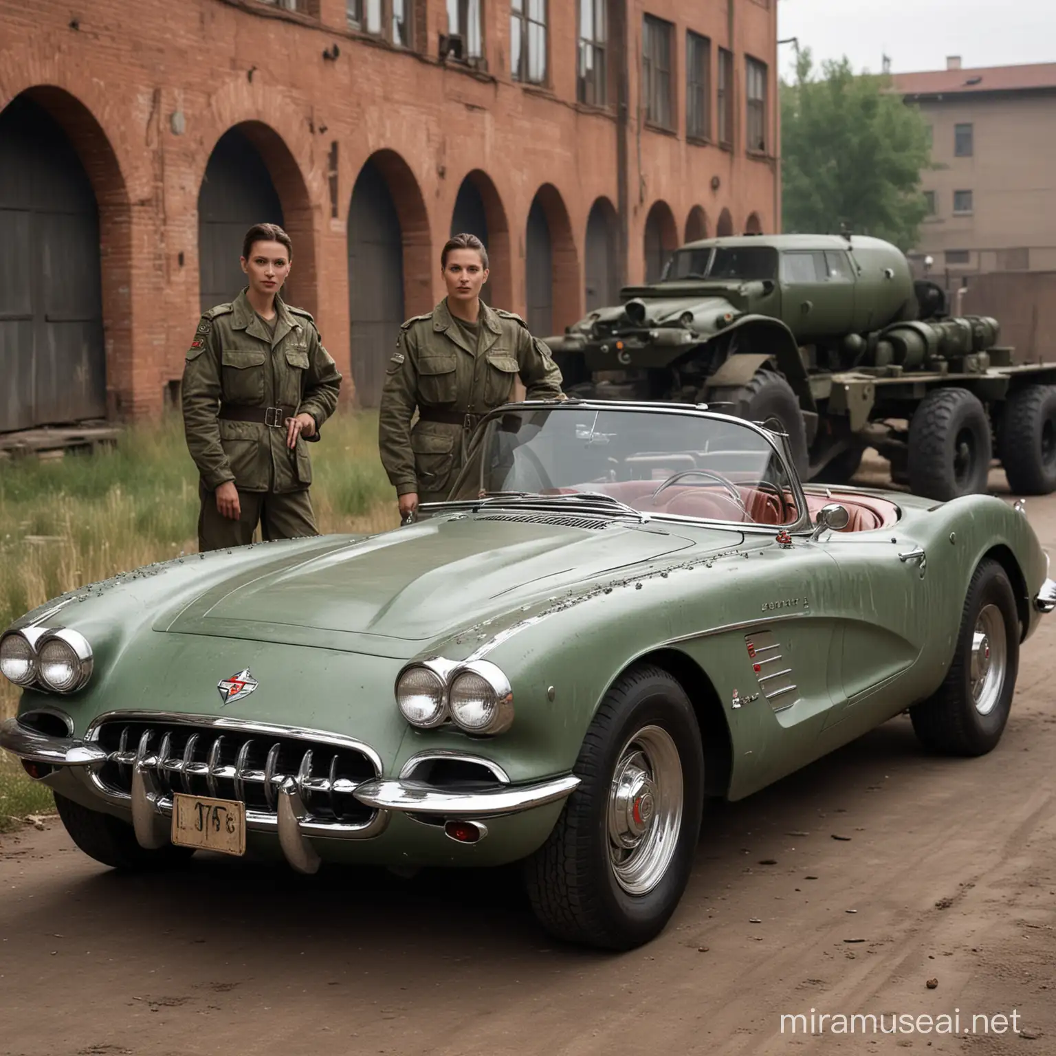 1958 chevrolet corvette if it was redesigned in a waring russian dystopia with rustic army paint. posing by the car is a kgb supermodel