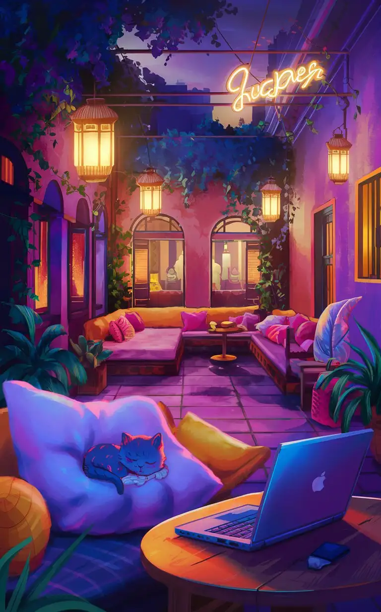 cozy courtyard, evening, lanterns, a lot of greenery, lounge area, sleeping cat on a pillow, neon sign, laptop on the table, purple, blue, orange, yellow