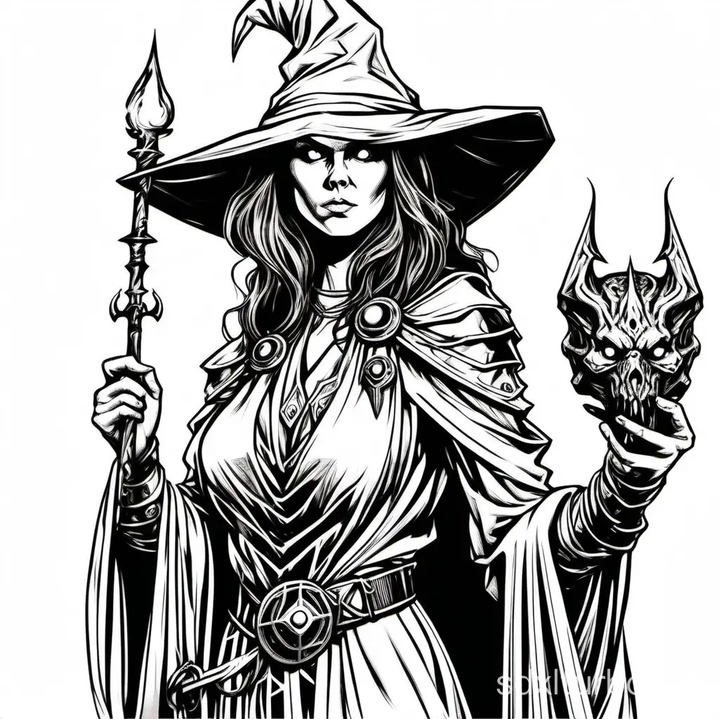 style of 1978 dungeons and dragons, white background, a beautiful sorceress, isolated on white, serious expression, 1bit bw,