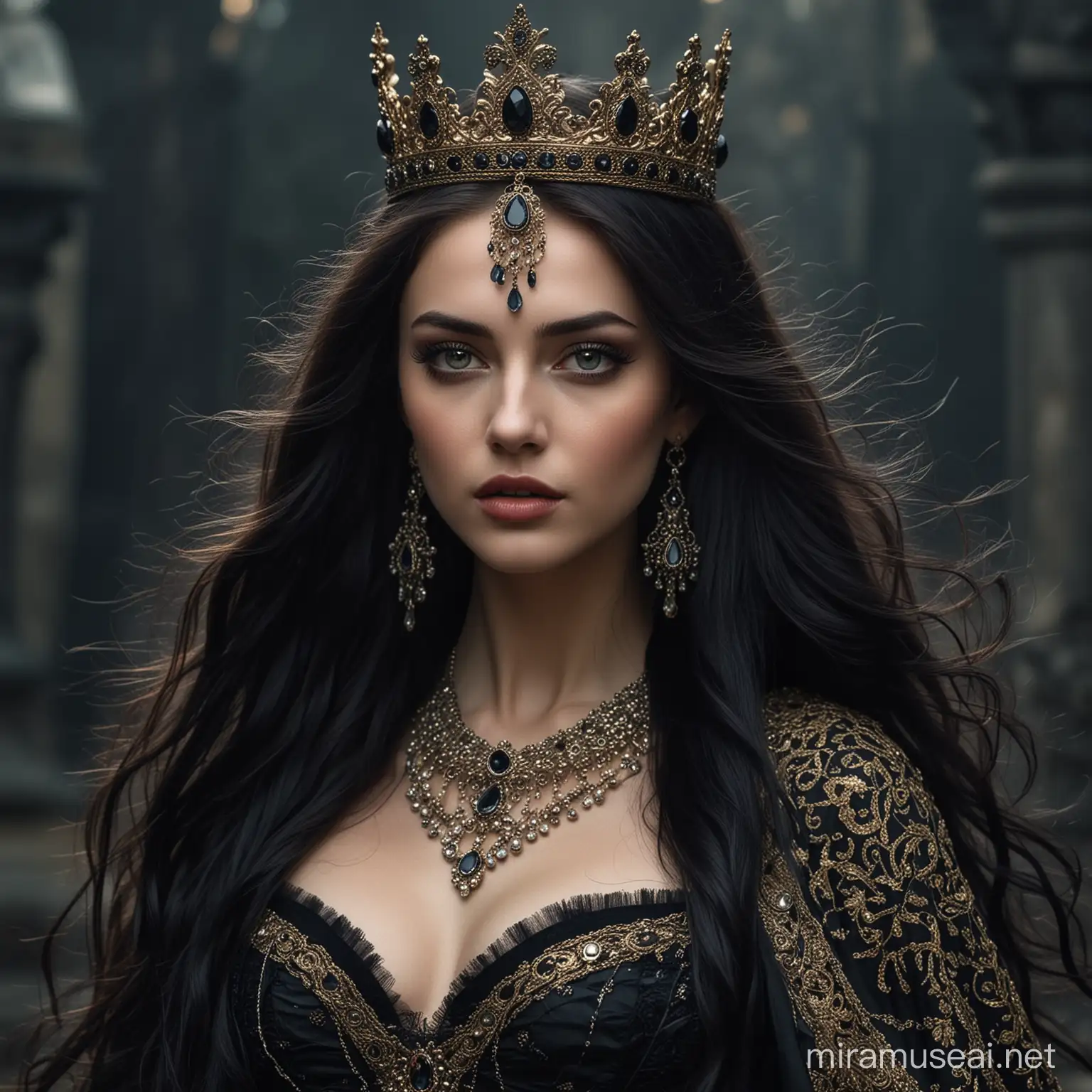 She is Queen, figure of beauty and darkness, her regal presence commanding both fear and awe. With long flowing hair as black as midnight and piercing eyes that gleam with malevolent intent, she exudes an aura of power and cunning. Her regal attire, adorned with jewels and fine fabrics, hints at her royal status, while her graceful movements betray a deadly elegance that belies her sinister nature.