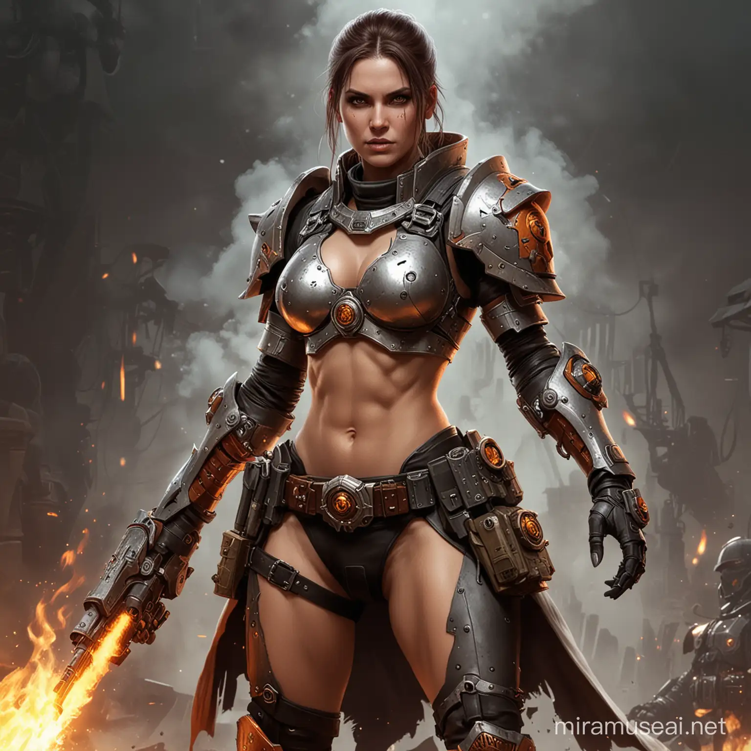 A Female Pyromancer Psyker in the Warhammer 40k Universe. She is a Melee Fighter. She is wearing a futuristic Armor and is half naked