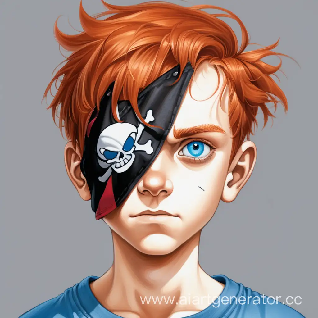 Парнишка двенадцати лет, рыжие растрепанные волосы.  Ярко-голубой глаз а правый закрыт белой пиратской повязкой. Одет в серую футболку
