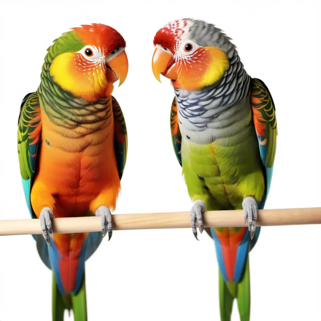 two lovely parots with beautiful colors on it,detailed,white background