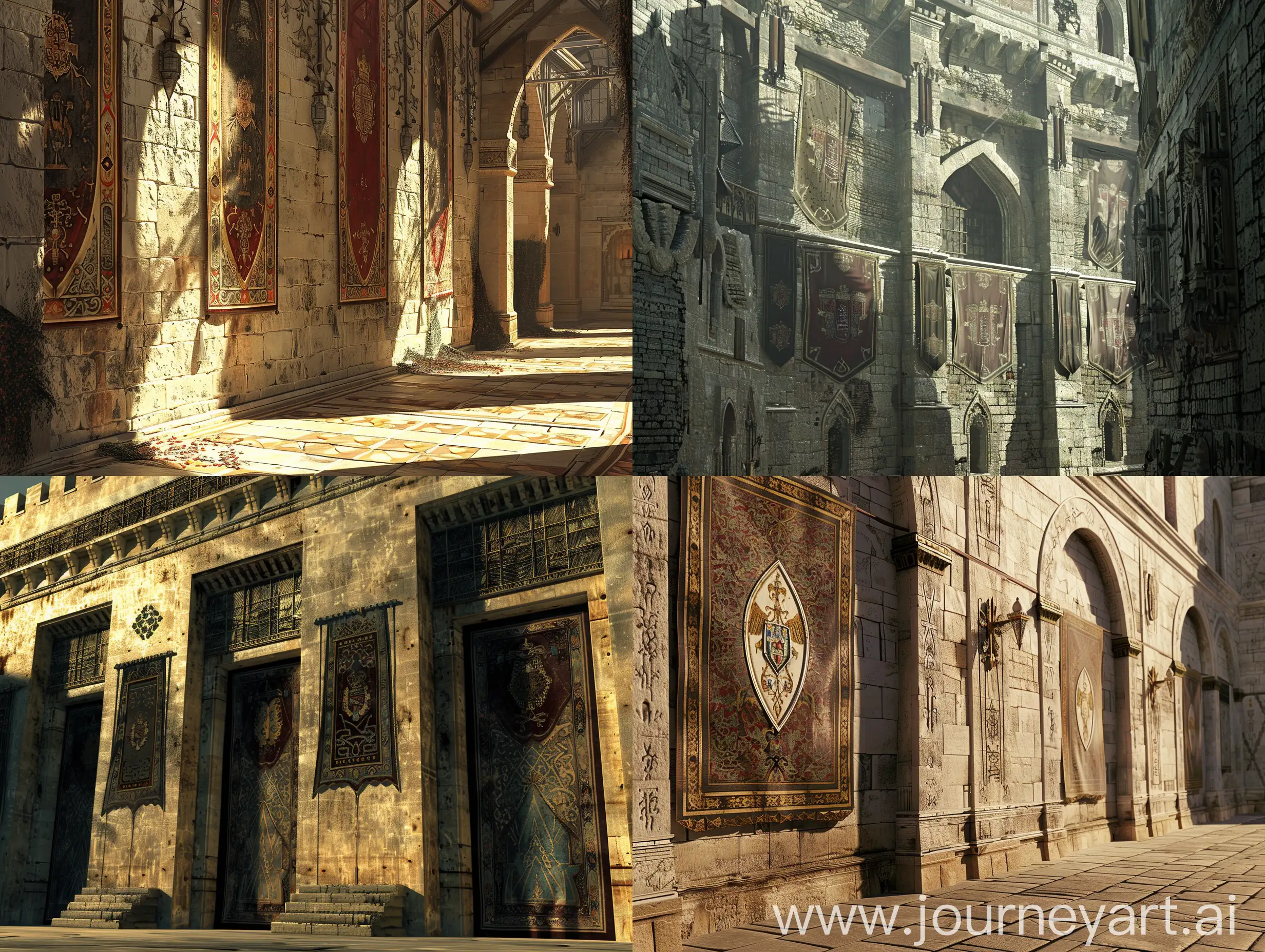 the old palace (building like Minas-Tirith), high walls protect this palace. these walls are covered with tapestries with the royal coat of arms is embroidered on them, Extreme Detail CG Unity 8K wallpaper, masterpiece, highest quality, exquisite lighting and shadow, highly dramatic picture, cinematic lens effect, excellent detail, outstanding lighting, wide angle, (excellent rendering, enough to be proud of its kind, ultrarealistic photo