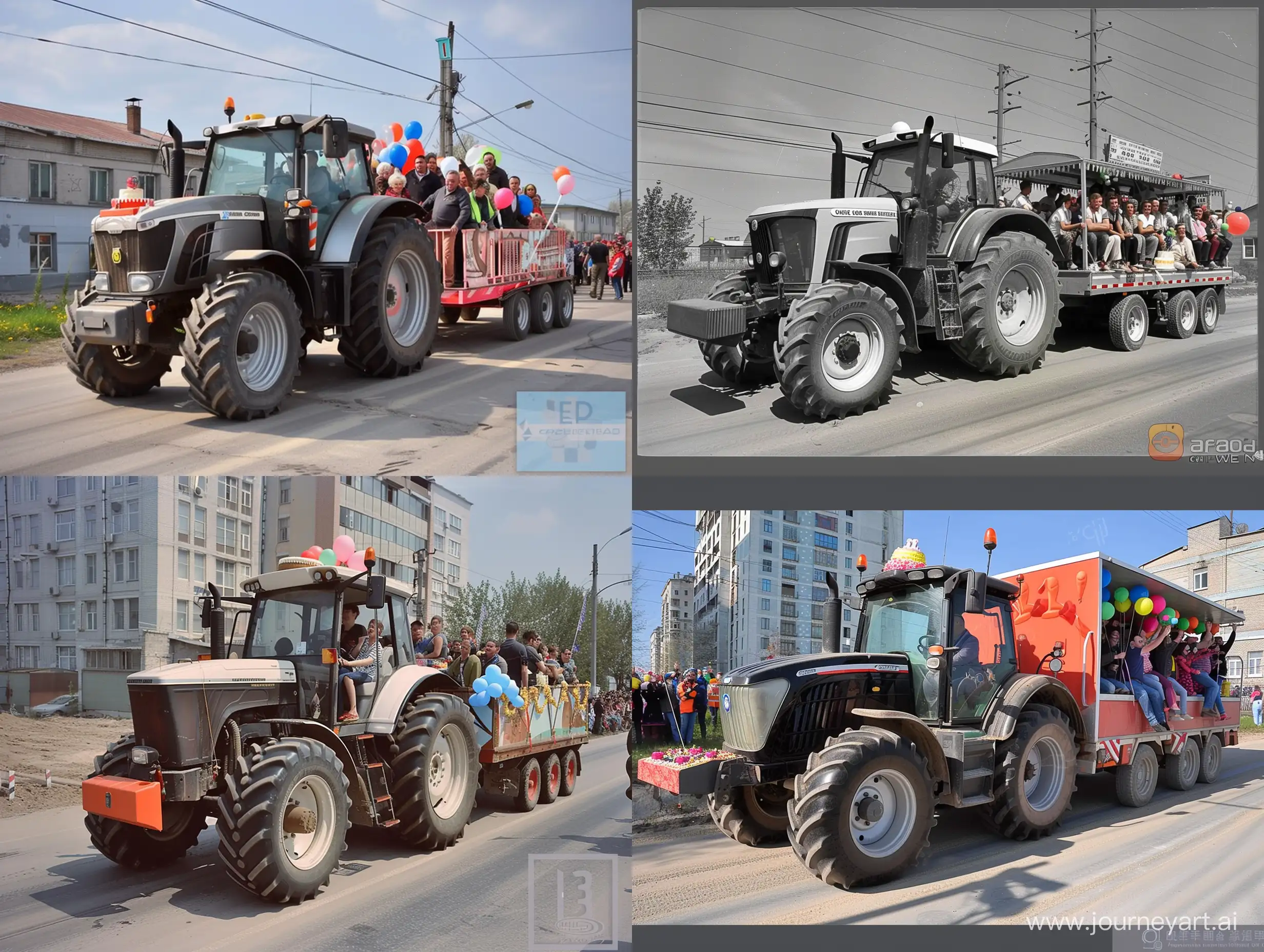 http://userdata.agroserver.ru/pic/333613/2288610.jpg трактор с картинки везет в прицепе людей по городу, люди при параде отмечают в прицепе день рождение компании с тортом и шарами

