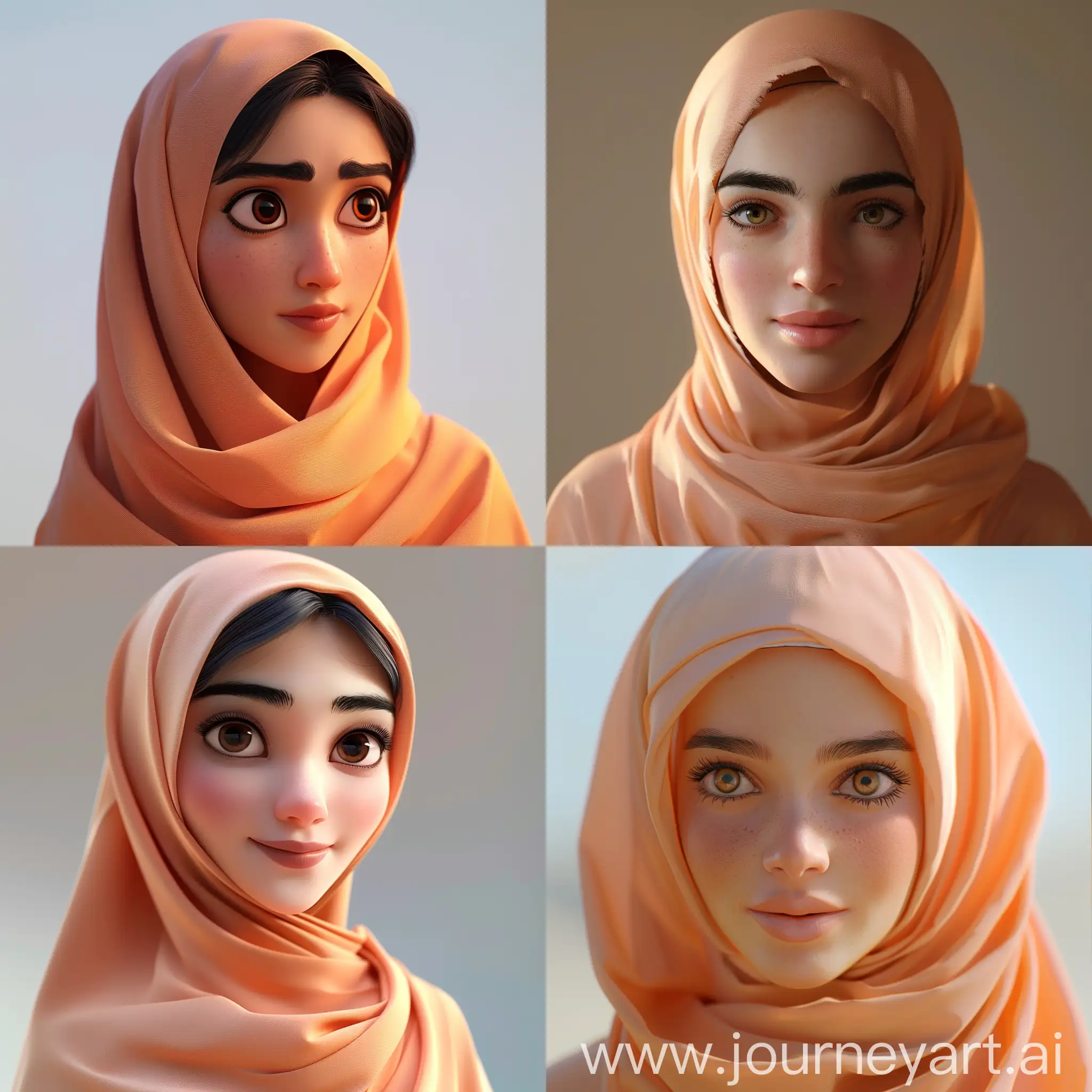 Disney-Pixar-Style-Portrait-Woman-Wearing-Peach-Hijab-in-Natural-Lighting
