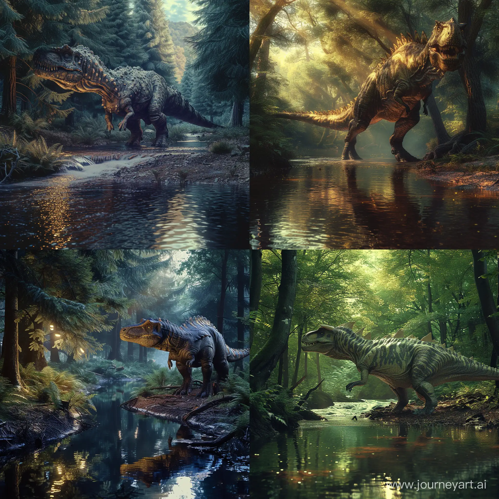 hyper realistic dinosaur in a forest near a river; hyper realistic scene with all cinema techniques, lights, water, reflection, etc.; all the techniques that exist to make a photo hyper realistic and cinematic.