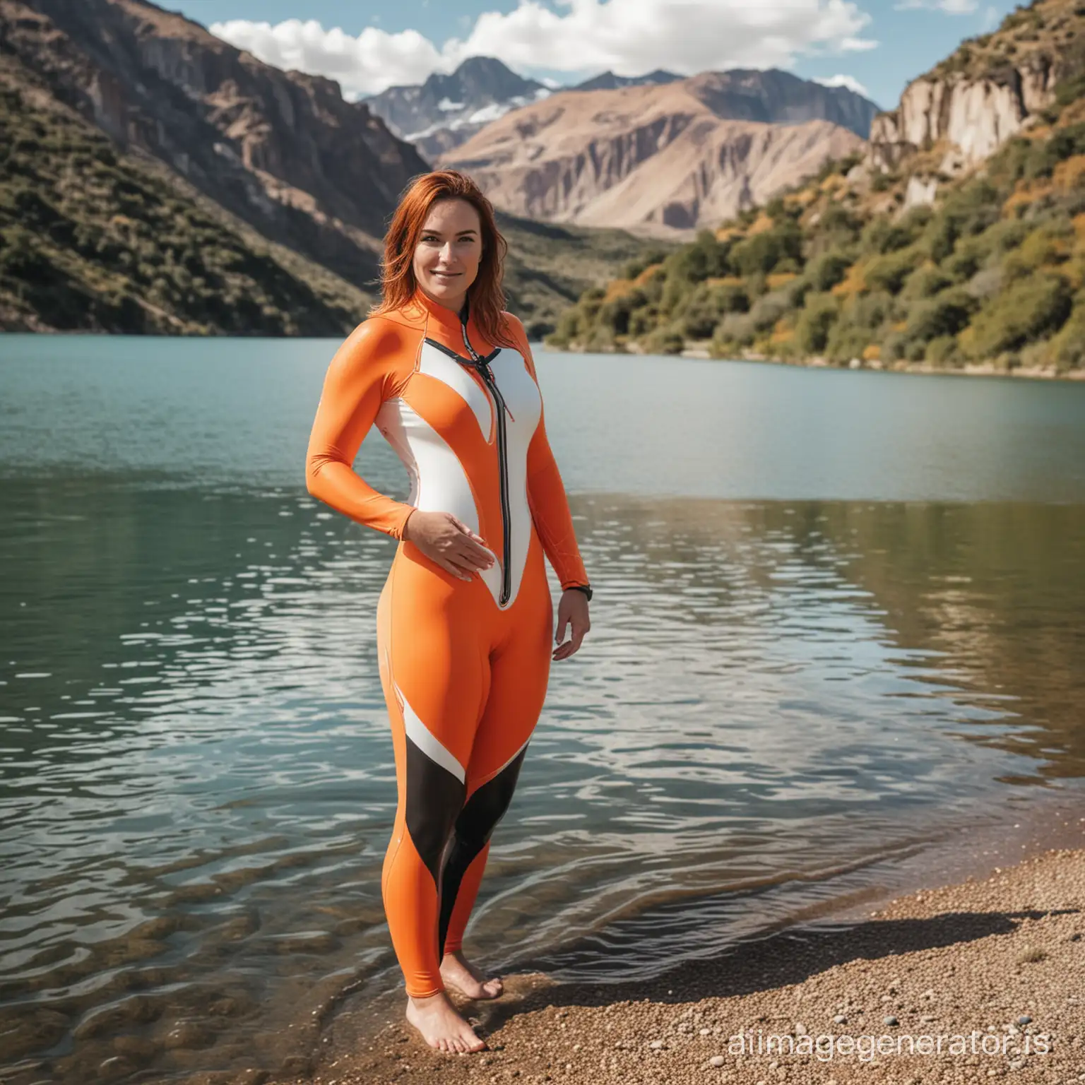 fourty years old curvy auburn woman in orange white body wetsuit by a fabolous lake at daylight, lake is surrounded by patagonia hills