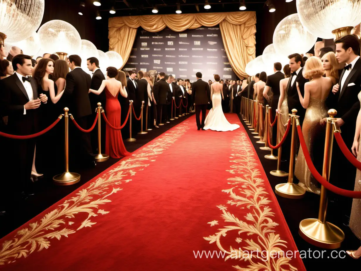 A vibrant and opulent red carpet, stretching out into the distance as far as the eye can see. The carpet is adorned with intricate gold embroidery and sequins, shimmering under the bright lights of the paparazzi flashbulbs. Against this glamorous backdrop, Hollywood's finest are gathered in anticipation, their faces lit up with excitement and pride. The camera pans across the sea of designer gowns and dapper tuxedos, capturing the essence of old-world Hollywood glamour.