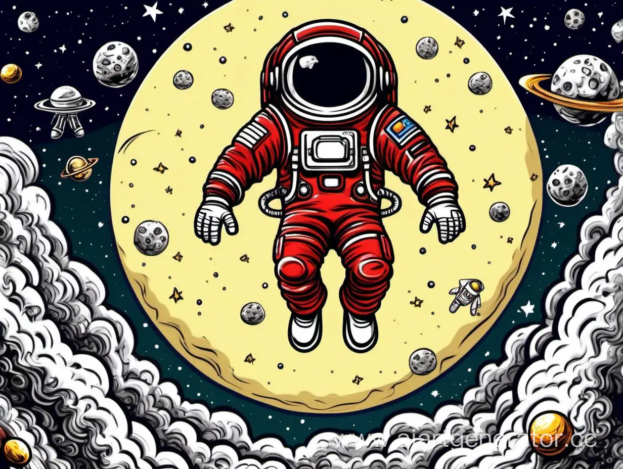 Cartoon-Astronaut-Doodle-Jumping-on-Space-Platforms-in-Red-Suit