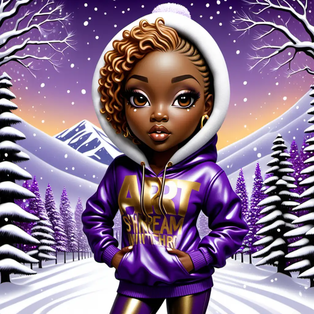 Stylish Winter Fashion Caramelskinned African American Woman in Purple Hoodie and Thighhigh Boots