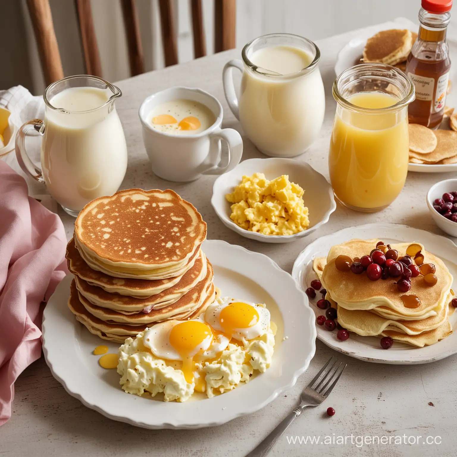 A mug with curdled milk, a piece of ham, scrambled eggs, a platter of pancakes, soft-boiled eggs, honeycomb, pickles, cranberries with honey and a bottle of milk on the table