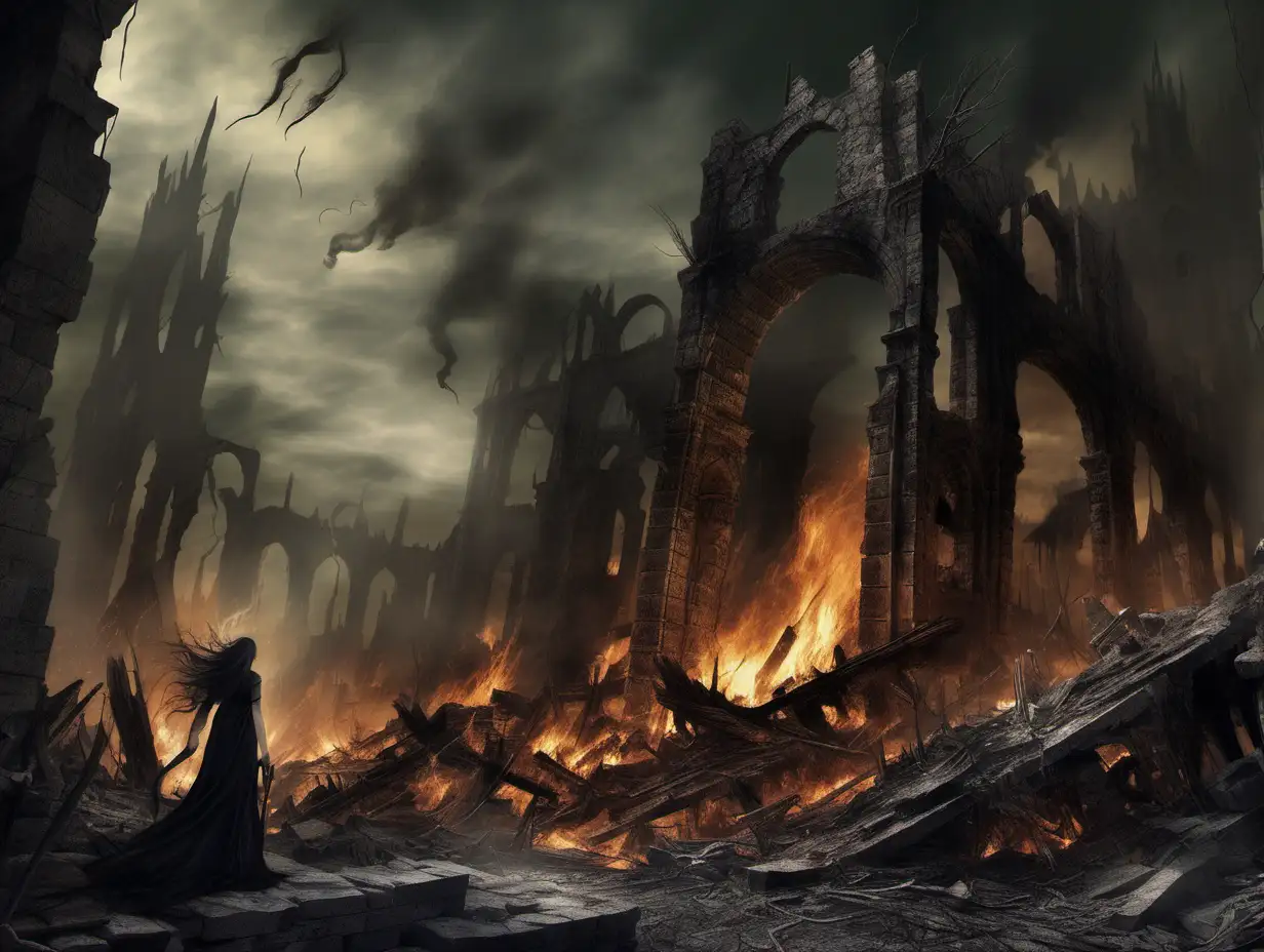Despair in Smoldering Ruins Fantasy Art Depicting a Dismal Scene