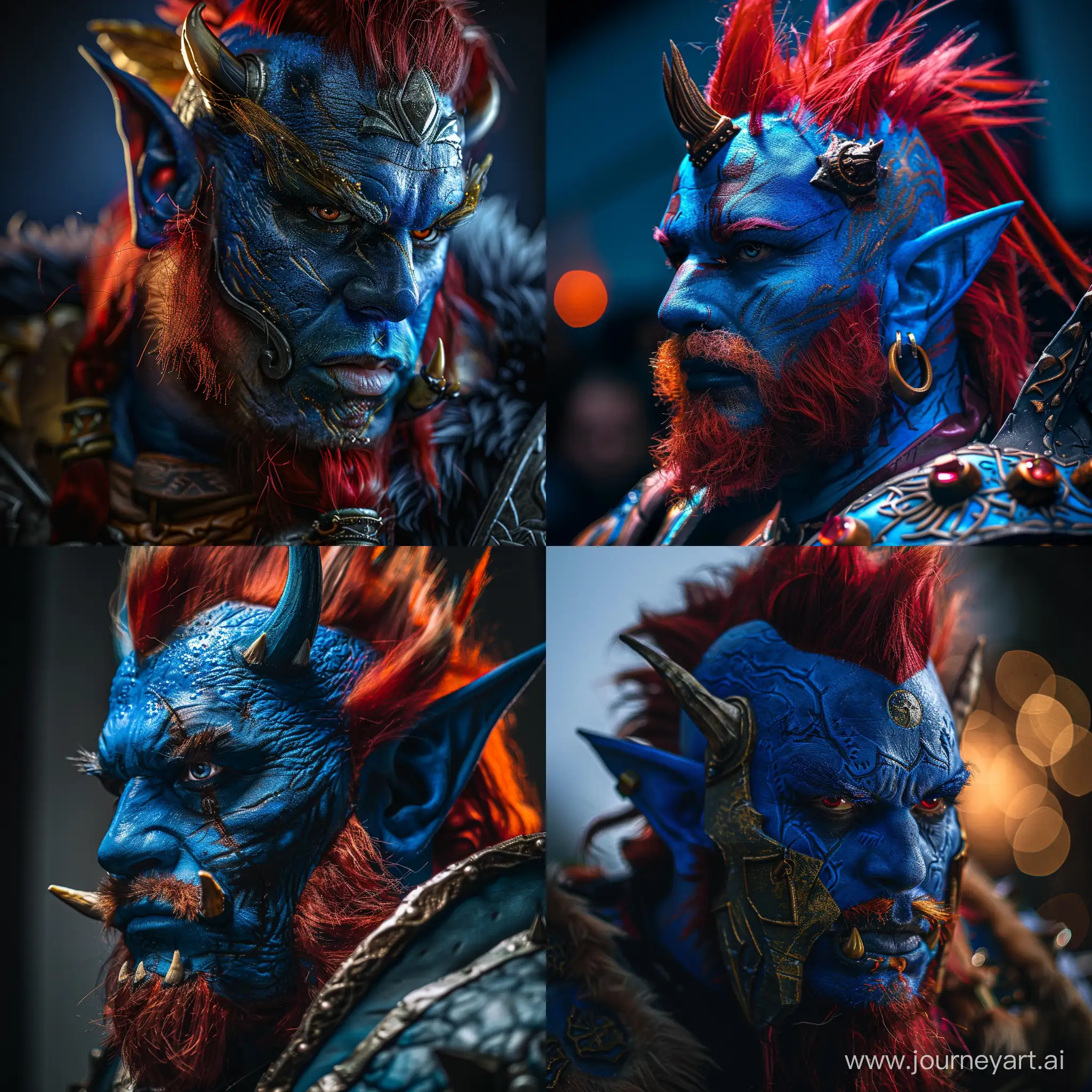 Vol'jin character from the game World of Warcraft, male cosplay, blue skin, red hair, ultra realistic, hyber detailed, modelcore, portrait photo. use sony a7 II camera with an 30mm lens fat F.1.2 aperture setting to blur the background and isolate the subject. use distinctive lighting on the subjects shot. The image should be shot in ultra-high resolution. --v 6