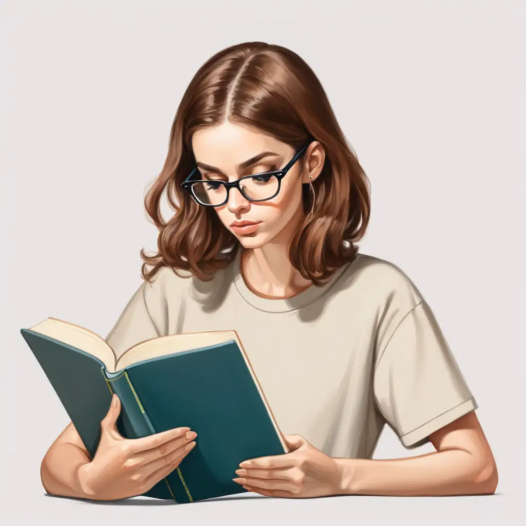 Colorful in a muted way: a woman with brown hair and glasses, concentrating on a book, on a blank background with space around her