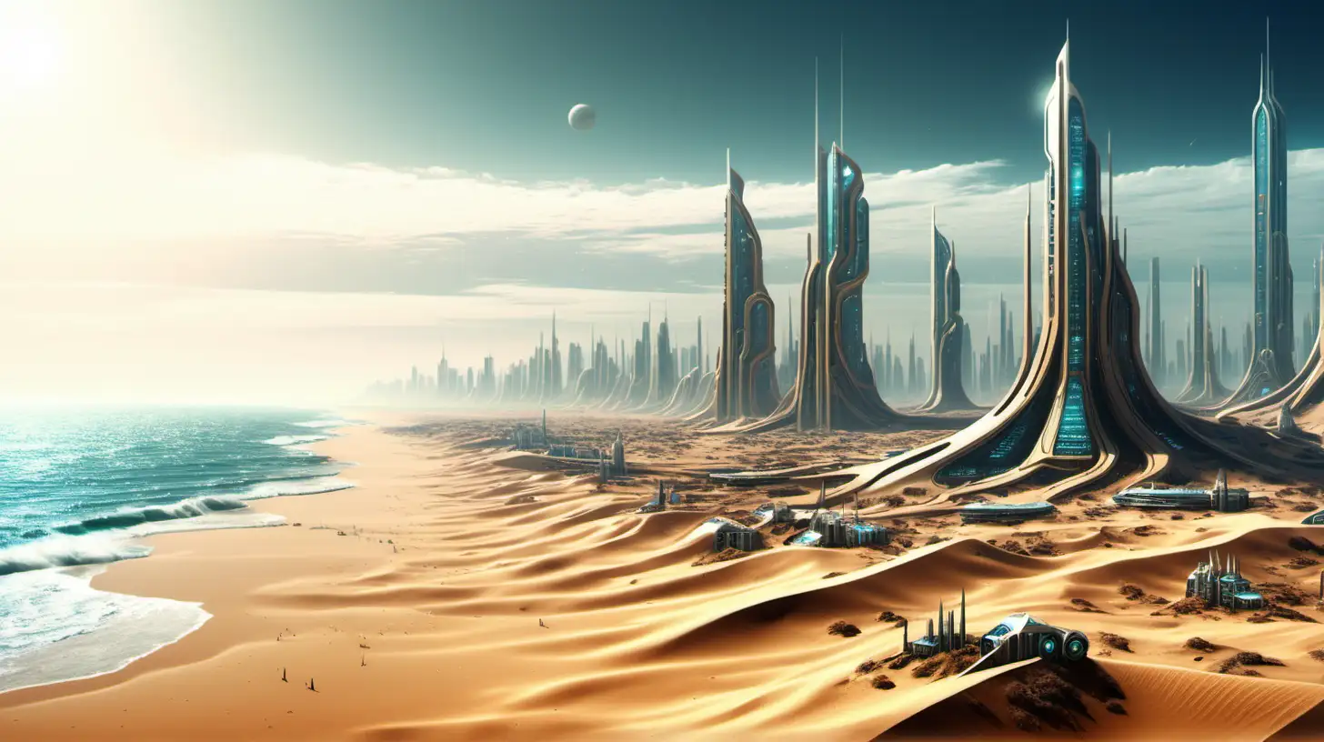 sandy desert, ocean coast, sci-fi futuristic technological city