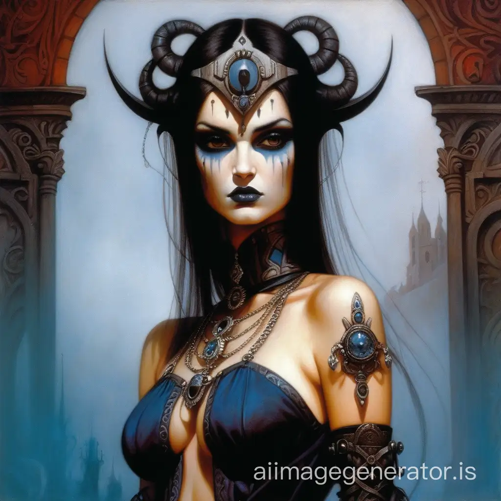 Imagine a gorgeous girl in the style of Gerald Brom). masterpiece, best quality, High contrast, colorful, stark, dramatic, detailed background, high quality, by Gerald Brom),