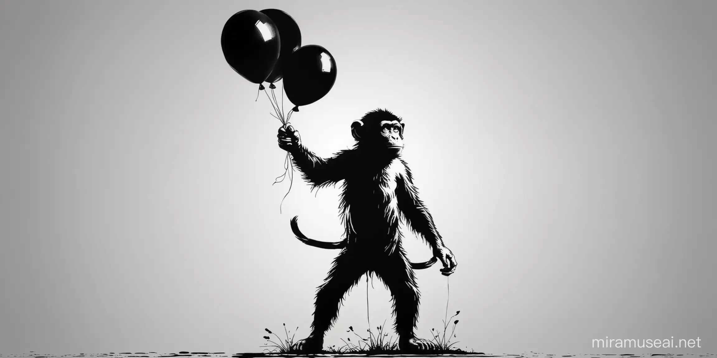 banksy style silhouette of monkey holding balloon. banksy style, black silhouette with white background