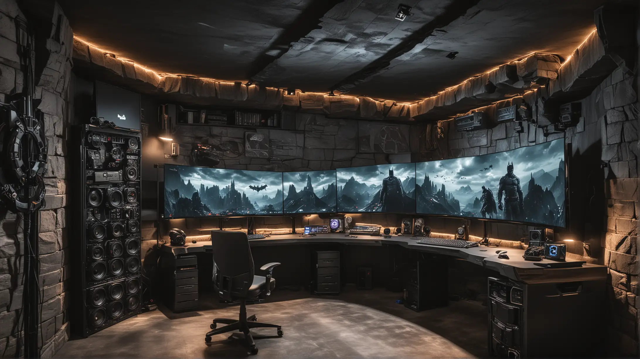 The most badass Batcave-like PC gaming room with one ultrawide PC monitor and two vertical monitors. A home cinema corner and clean Batcave walls.