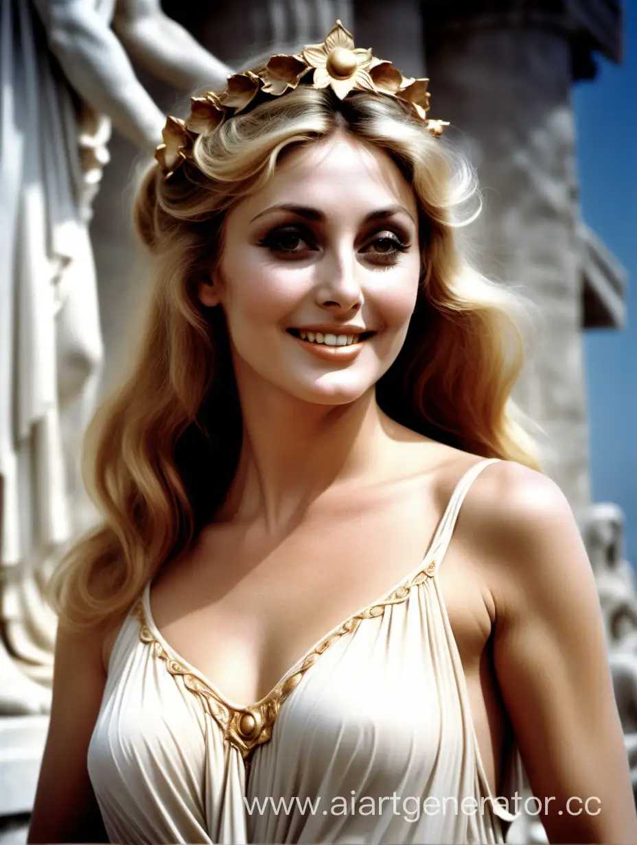 actress Sharon Tate in a gentle image of the smiling ancient Greek goddess Aphrodite
