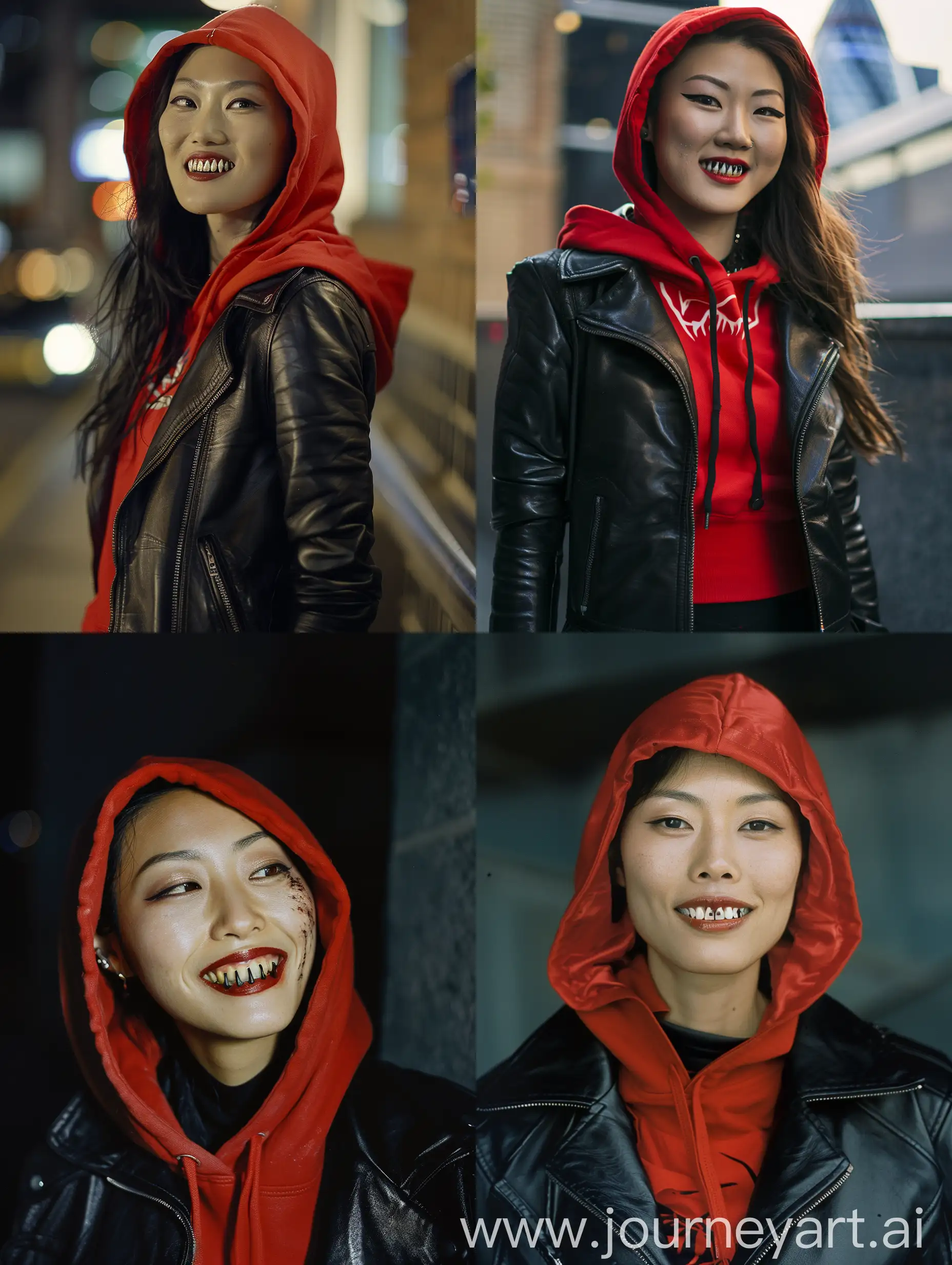 Cinematic, documentary photo, vampire woman and night london background, korean british mixed, intense confidence and determination, intimidating. She has elegant black leather attire and a red hoodie. smiles fangs. directed by Ridley Scott, shot with Arriflex 35BL Camera. Canon K35 Prime Lenses, 70 mm -- style raw