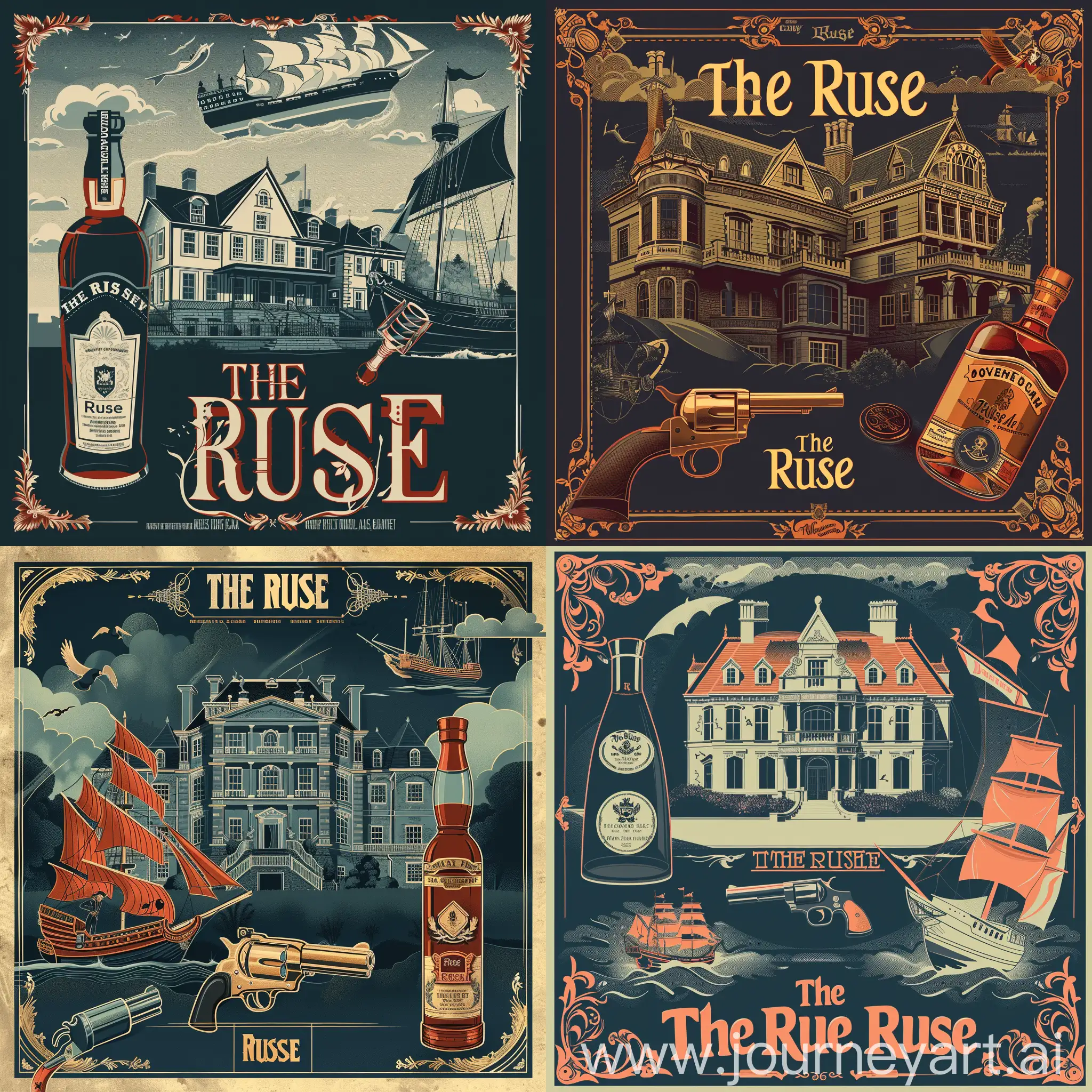 A poster for a comedy thriller play called “The Ruse”. It should be in a 1920’s art deco style featuring a large English Tudor mansion, a pirate ship, a bottle of cognac and a revolver. 