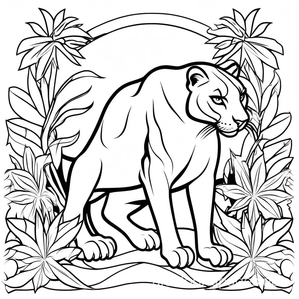 The panther, Coloring Page, black and white, line art, white background, Simplicity, Ample White Space. The background of the coloring page is plain white to make it easy for young children to color within the lines. The outlines of all the subjects are easy to distinguish, making it simple for kids to color without too much difficulty
