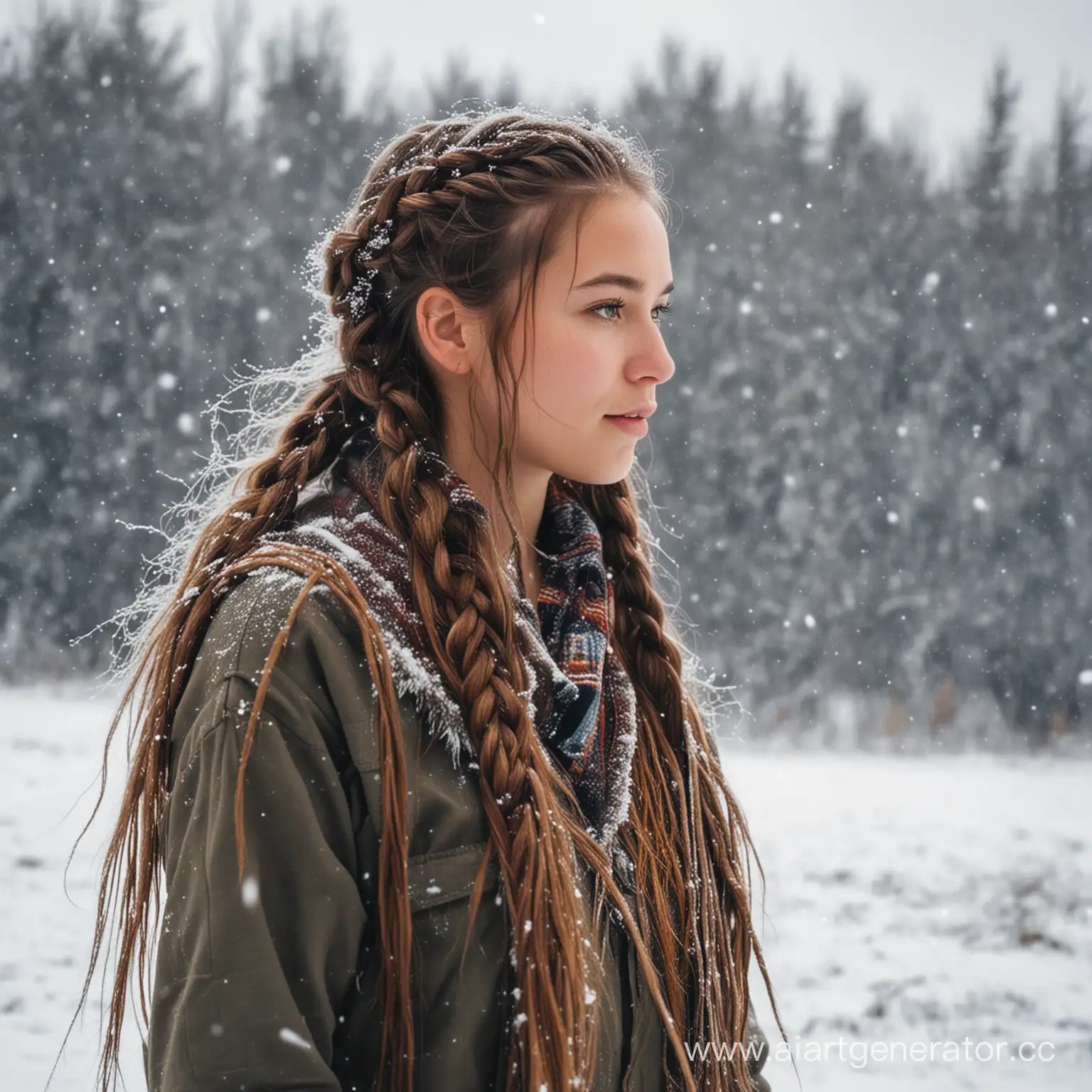 взрослая девушка с длинной косой из северного дикого народа, младший брат, лохматый, играют в снегу, дикий северный народ