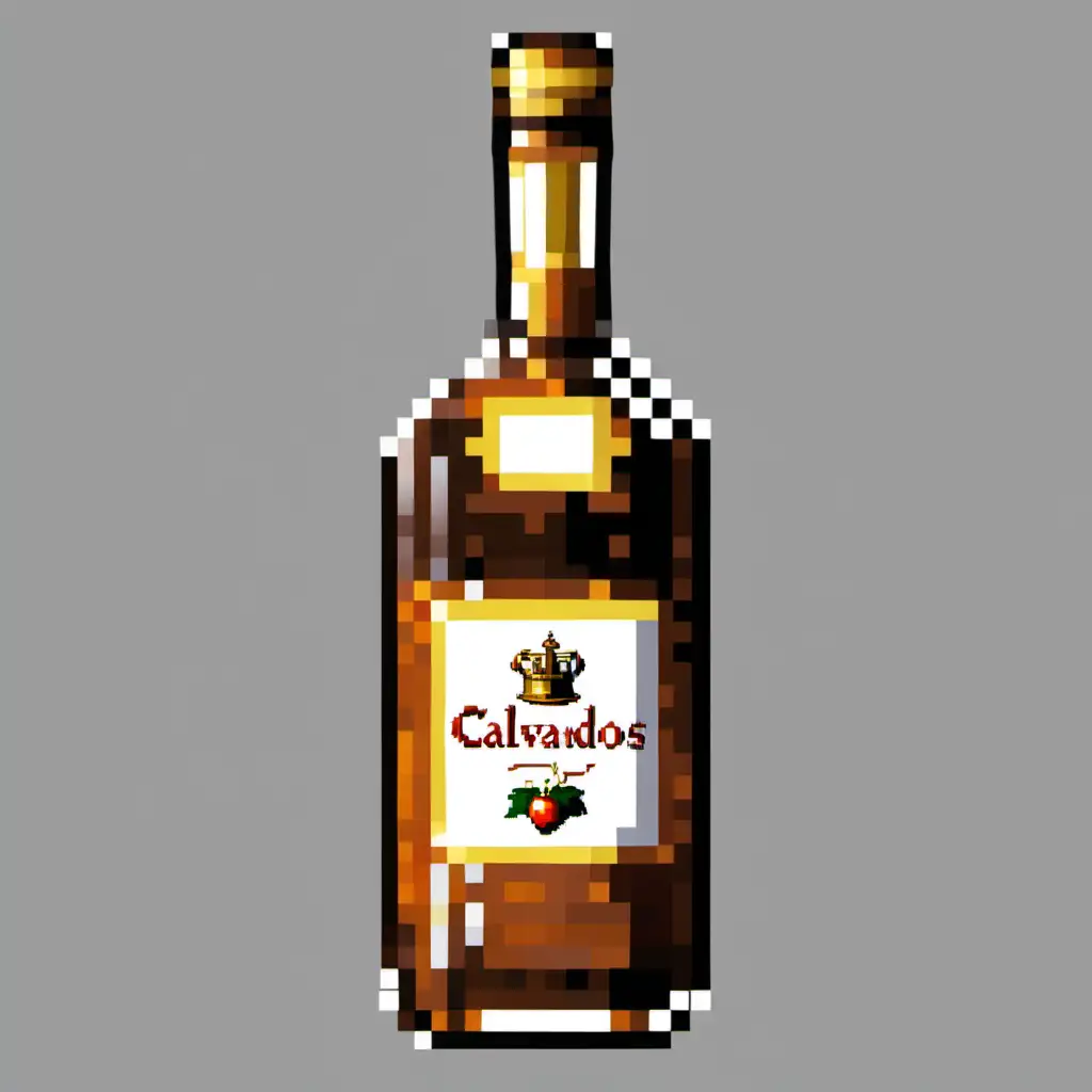 Vibrant Pixel Art Illustration Bottle of Calvados on a Rustic Wooden Table