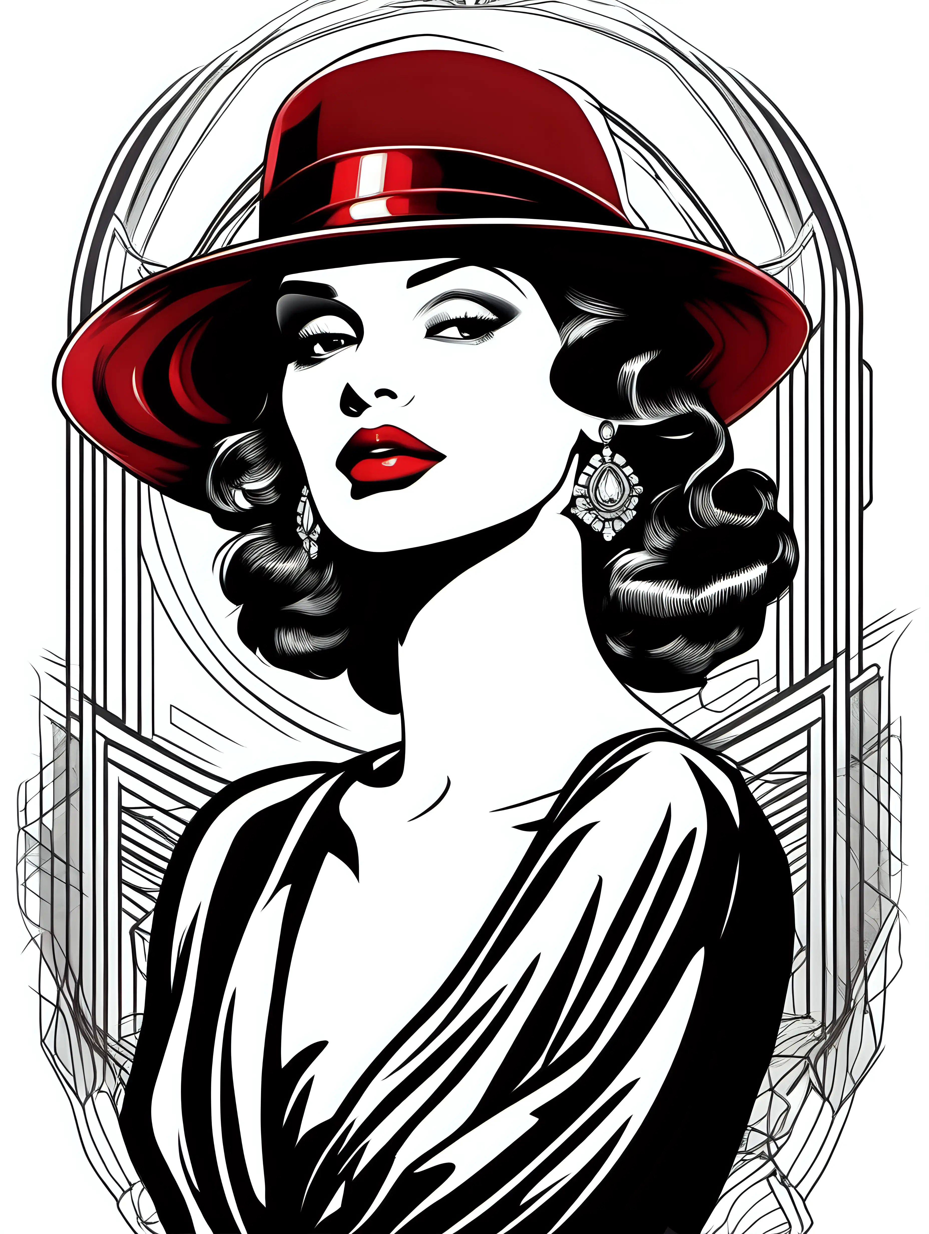 Beautiful female portrait, ruby red lips, wearing an elegant hat, classy, vintage art deco, detailed drawing,solid white background, vector 