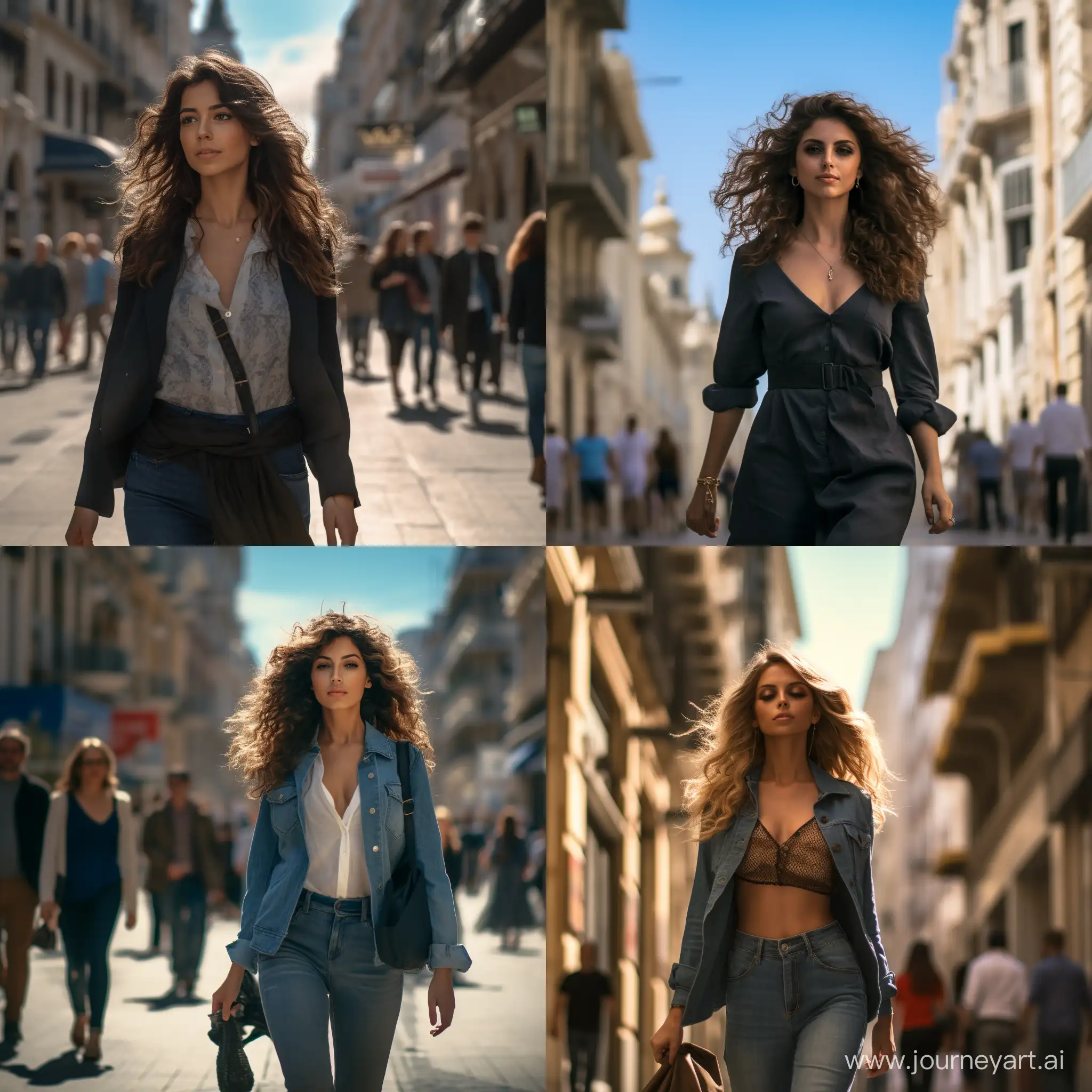 a full body woman walking by the streets in spain , shot with sony alpha a9 II and sony FE 200/600mm f/5.6-6.3 G OSS lens, natural light, hyper realistic, photograph