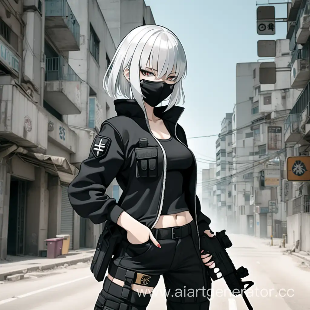 Аниме девушка с белыми волосами в черном прикиде в маске с глоком на фоне улици заброшеного города