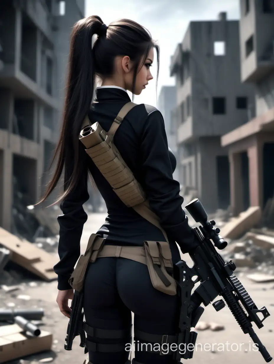 19-year-old girl, perfect appearance, long dark hair below the waist, gathered in a high ponytail, and a dark beautiful closed costume, sniper rifle on her back. Realism, real people. Faces not visible, fair skin, hair below the waist, the girl stands with her back. Faces not visible, view from the back