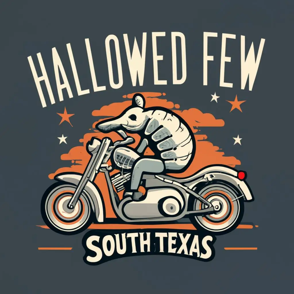 logo, armadillo wearing a crash helmet riding a Harley Davidson in Texas, with the text "Hallowed Few South Texas 86FF86", typography, be used in Automotive industry
