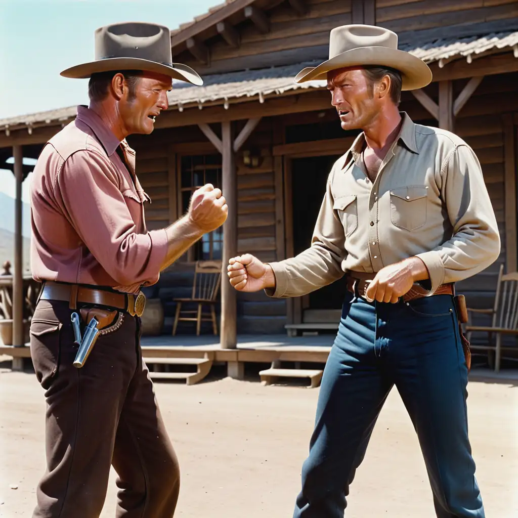 John Wayne and Clint Eastwood in a western movie fistfight