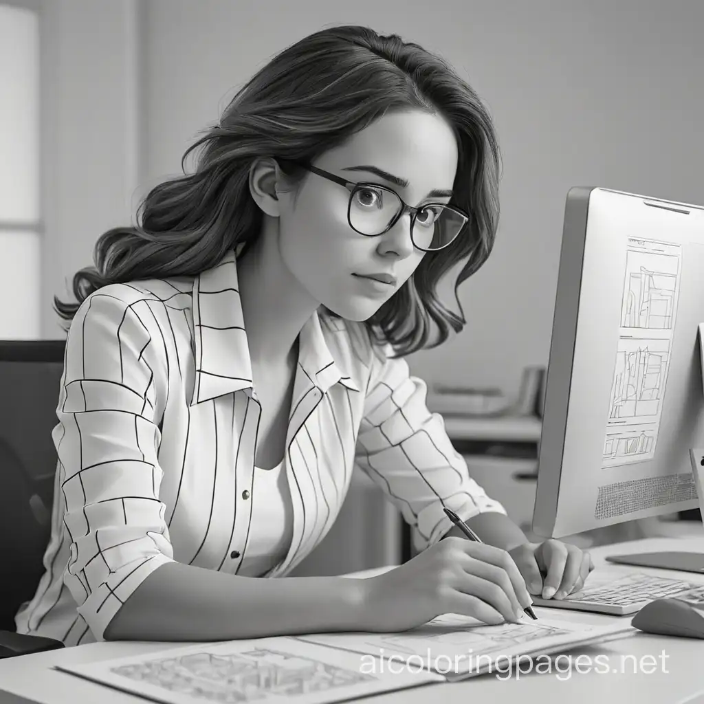 Woman at the computer analyzing documents, Coloring Page, black and white, line art, white background, Simplicity, Ample White Space. The background of the coloring page is plain white to make it easy for young children to color within the lines. The outlines of all the subjects are easy to distinguish, making it simple for kids to color without too much difficulty