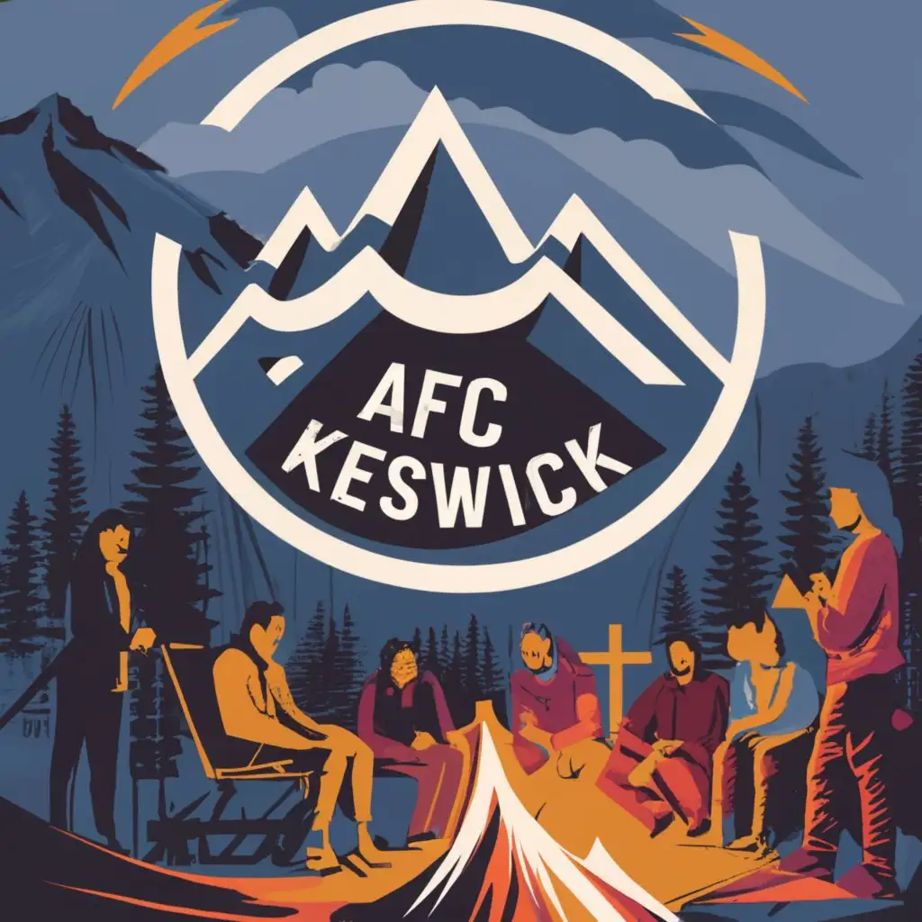 logo, mountain,people, campfire, with the text "AFC Keswick", typography, be used in Religious industry