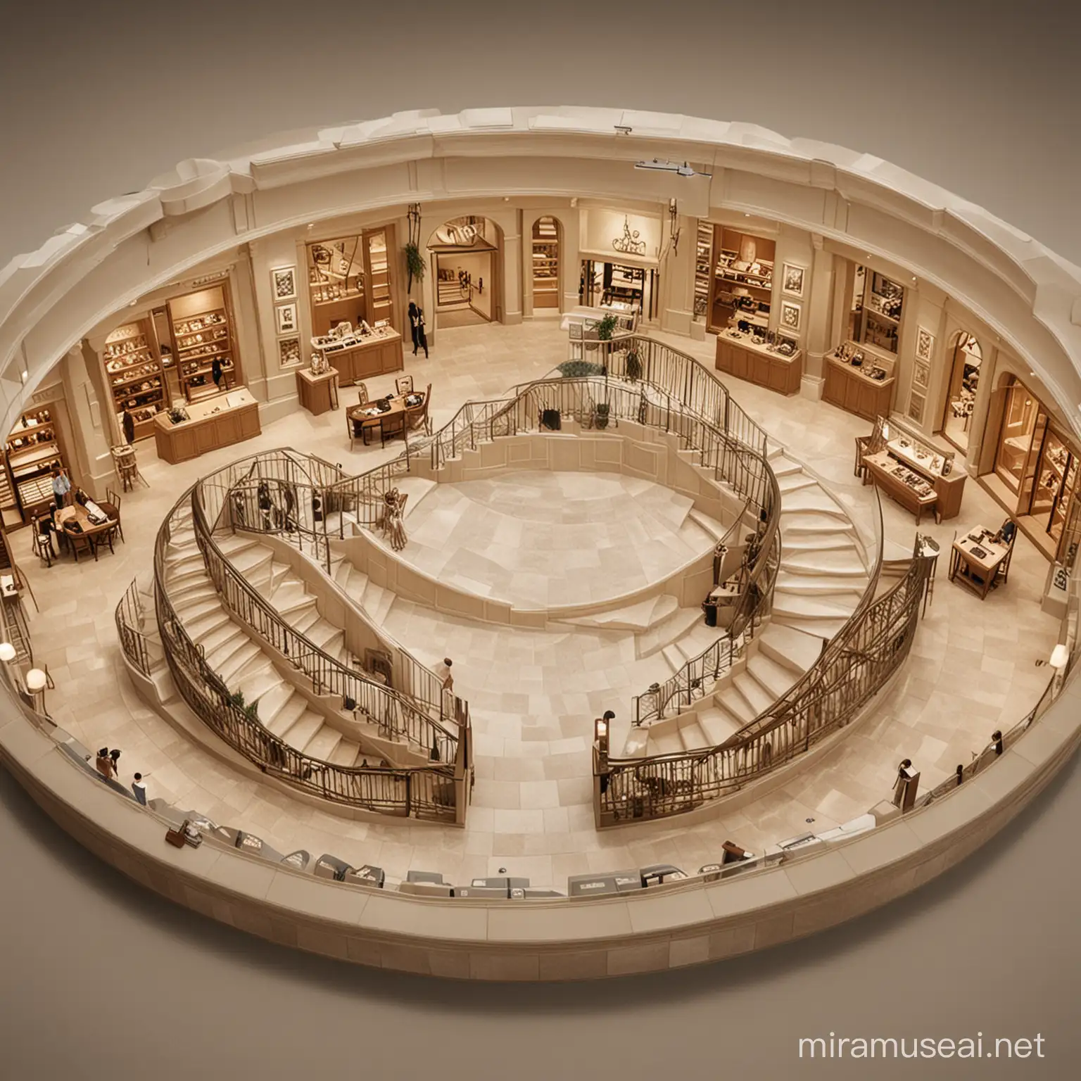 Design a fossil store plan with focal point and display units and royal stairs in the plan