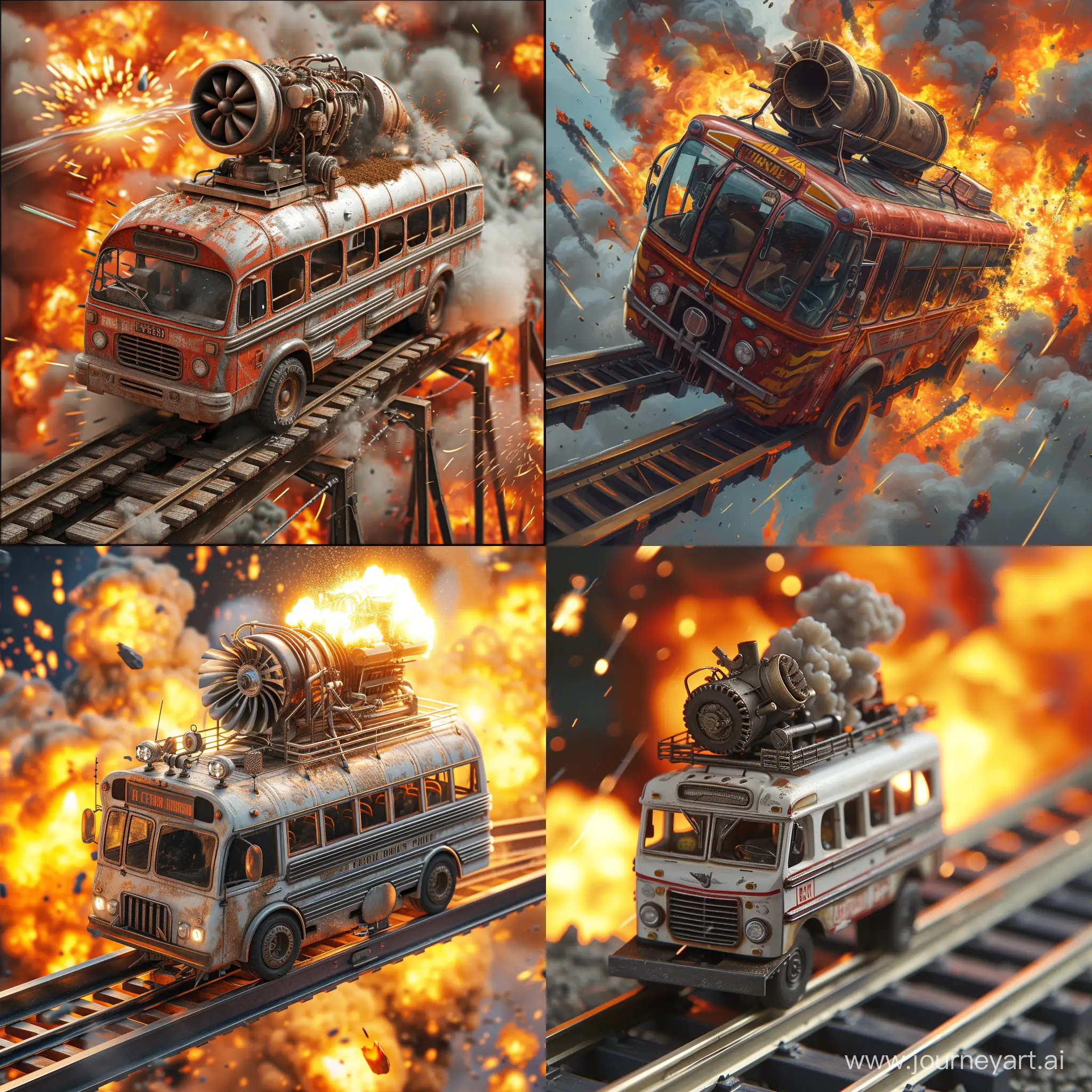 bus on rails. dramatic angle. air engine on the roof of the bus. explosions everywere. 