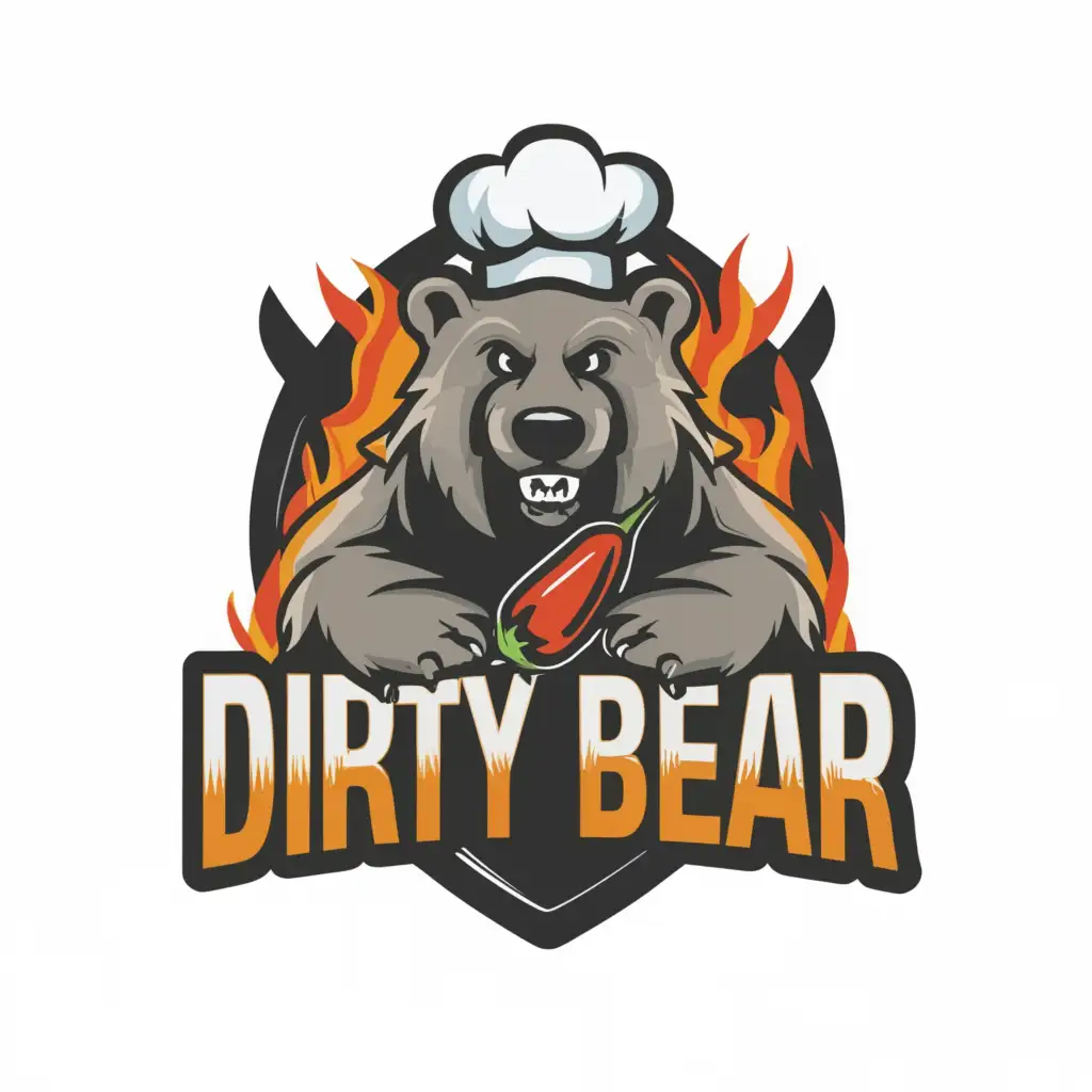 a logo design,with the text "Dirty Bear ", main symbol:bear, chilli, fire,Moderate,be used in Restaurant industry,clear background
