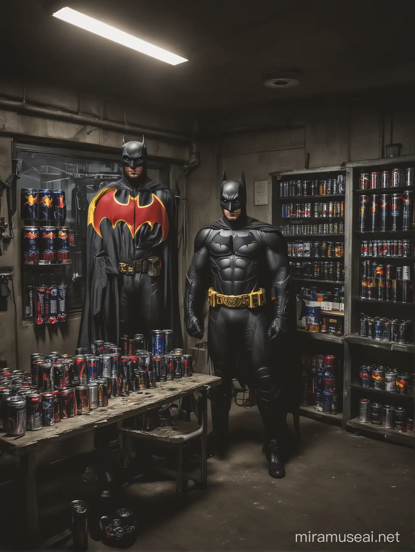 In the Batcave, Batman occasionally drinks Red Bull energy drinks to maintain his energy levels during intense periods of crimefighting or while working on his gadgets and strategies. The caffeine and other stimulants in Red Bull provide a quick energy boost, allowing Batman to stay alert and focused during long hours spent in his basement lair. However, Batman's reliance on energy drinks is minimal compared to his dedication to physical training and mental discipline.